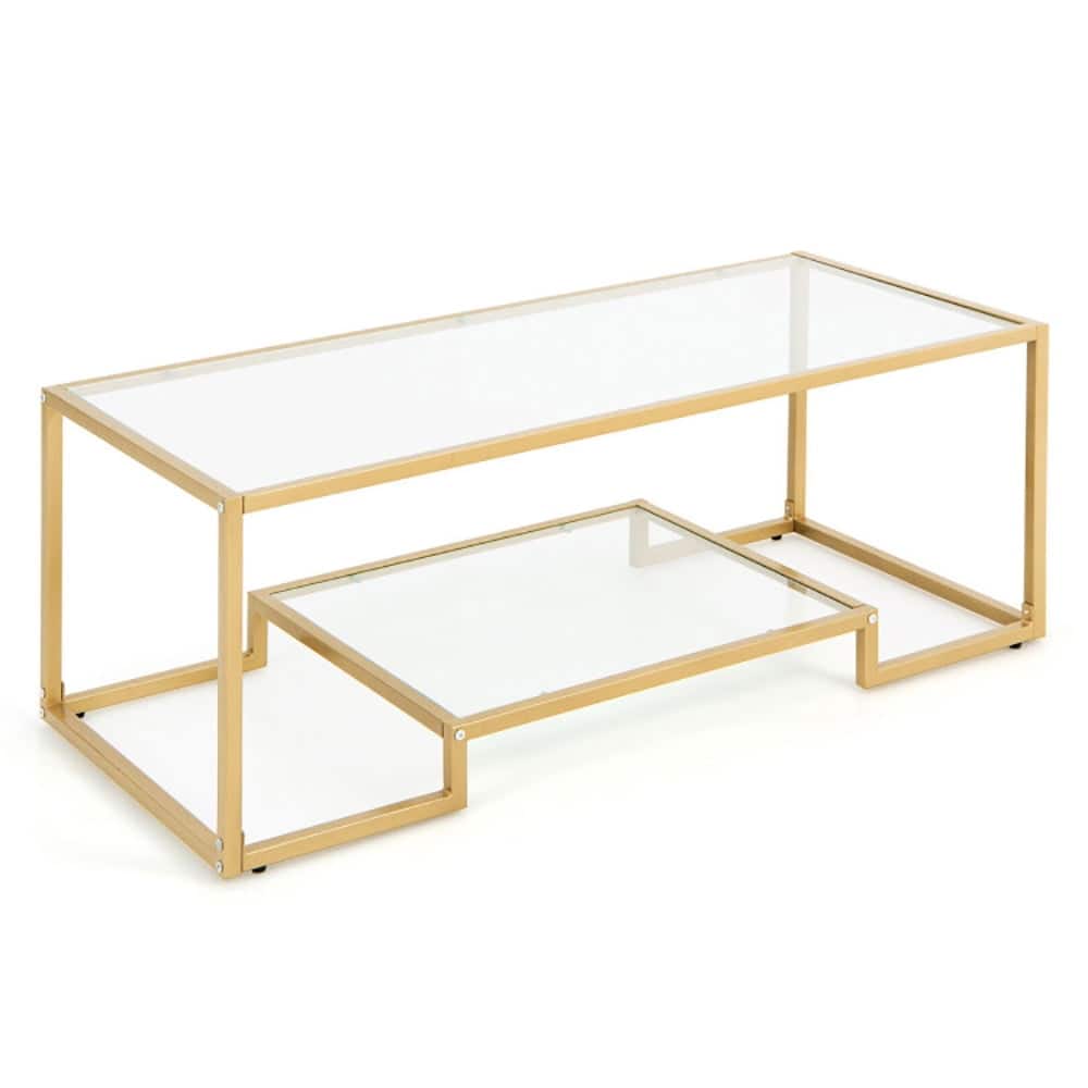 Resenkos - Modern 2-Tier Rectangular Coffee Table with Glass Table Top-Golden, Modern Coffee Table for Living Room Office Reception - Gold