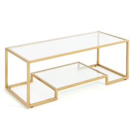 Resenkos - Modern 2-Tier Rectangular Coffee Table with Glass Table Top-Golden, Modern Coffee Table for Living Room Office Reception - Gold