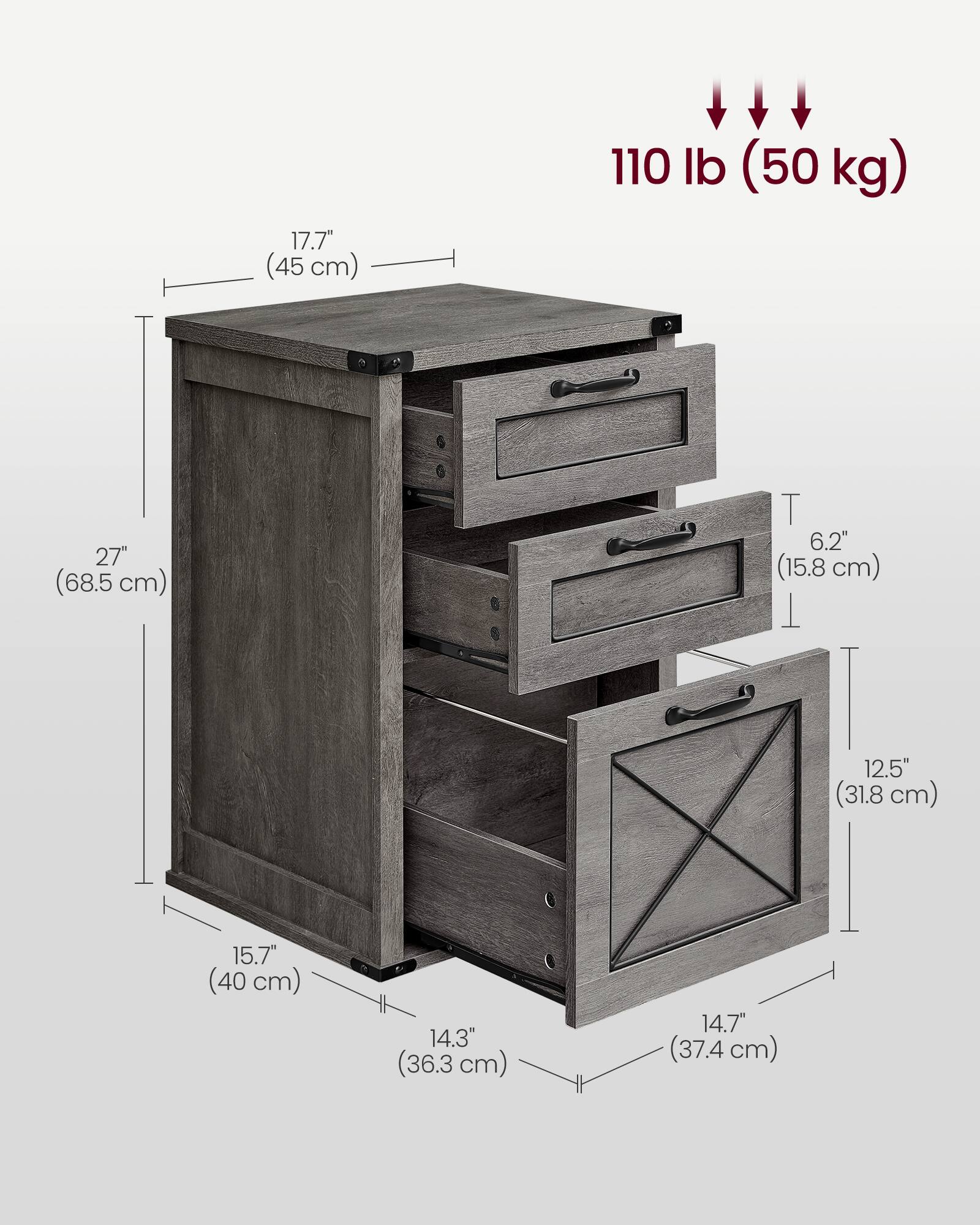 17.7" (45 cm)  
110 lb (50 kg)  
27" (68.5 cm)  
6.2" (15.8 cm)  
12.5" (31.8 cm)  
15.7" (40 cm)  
14.3" (36.3 cm)  
14.7" (37.4 cm)