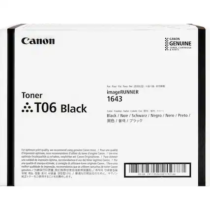 Canon CANON GENUINE TONER, CARTRIDGE & PARTS
Toner T06 Black
For: Pour: Für: Para: Per: imageRUNNER 1643
Color: Couleur: Farbe: Colore: Cor: Black / Noir / Schwarz / Negro / Nero / Preto / 黒色 / 블랙 / ブラック
For optimum print quality, we recommend using genuine Canon toner.
Pour une qualité d'impression optimale, nous recommandons d'utiliser du toner d'origine Canon.
Um eine optimale Druckqualität zu erhalten, empfehlen wir Canon Originaltoner.
Para obtener una calidad de impresión óptima, recomendamos el uso del toner legítimo Canon.
Per un'ottima qualità di stampa, si consiglia di utilizzare toner originale Canon.
Para uma melhor qualidade de impressão, recomendamos que se utilizem cartuchos de toner Canon genuíno.
Pour obtenir une qualité optimale, nous recommandons d'utiliser du toner d'origine Canon.
Para obtener una calidad óptima de impresión, recomendamos el uso de ton