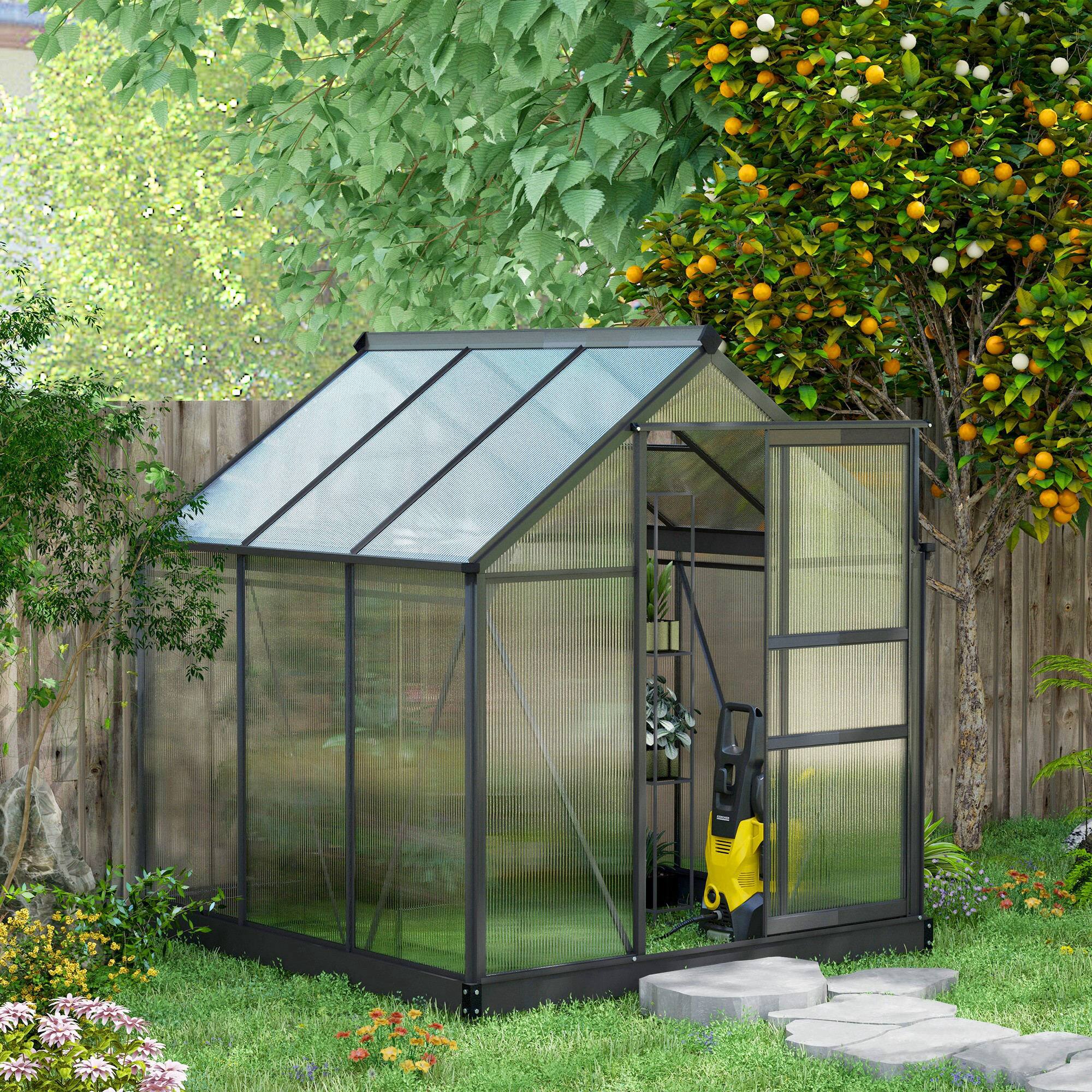 Alt View 1. Outsunny - 6' x 6' Greenhouse for Outdoors, Polycarbonate Greenhouse with Rain Gutter and Roof Vent, Aluminum Walk-in Green Houses.