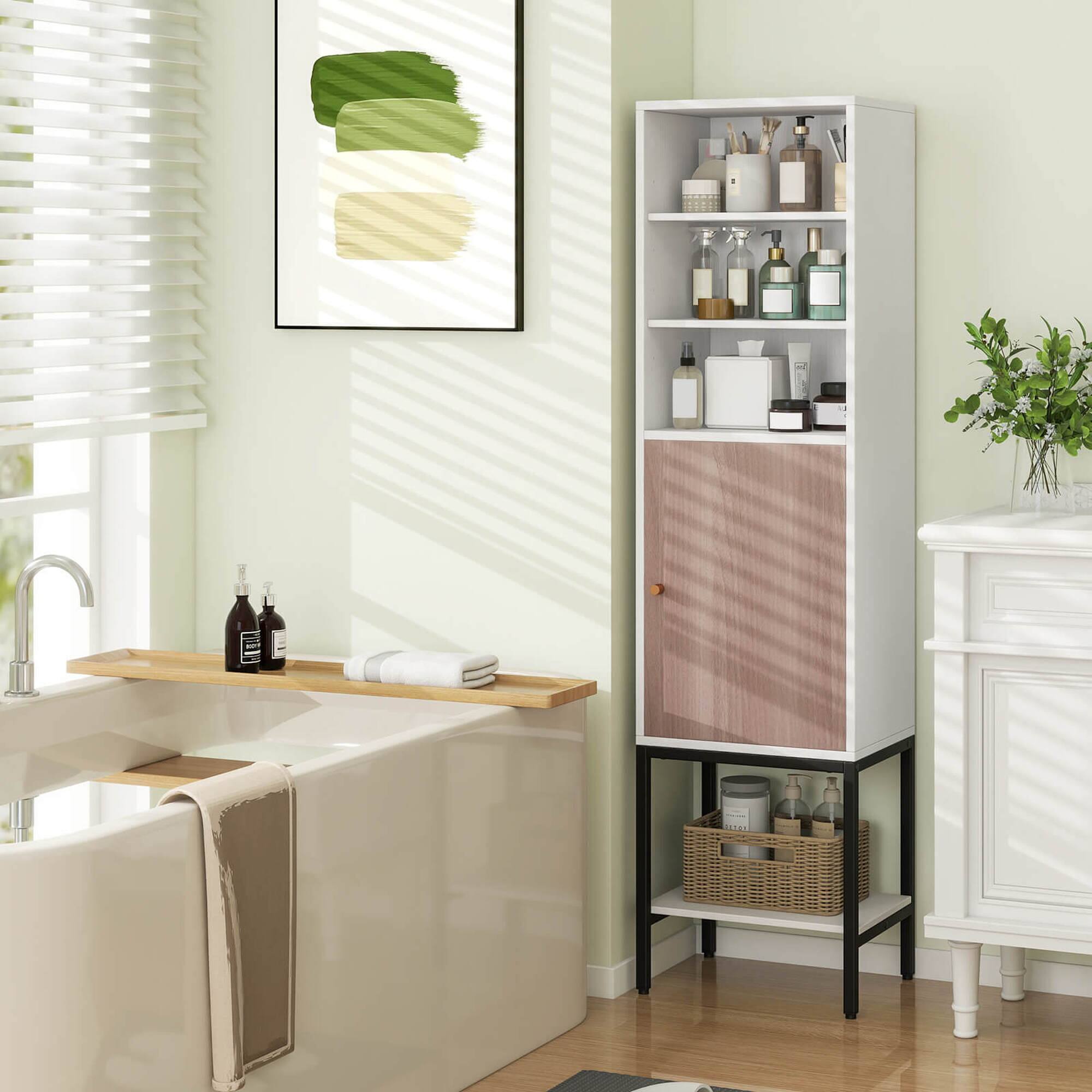 Alt View 3. Costway - Costway 57" Bathroom Tall Cabinet with 1 Door and 4 Shelves Freestanding Floor Cabinet White - White.