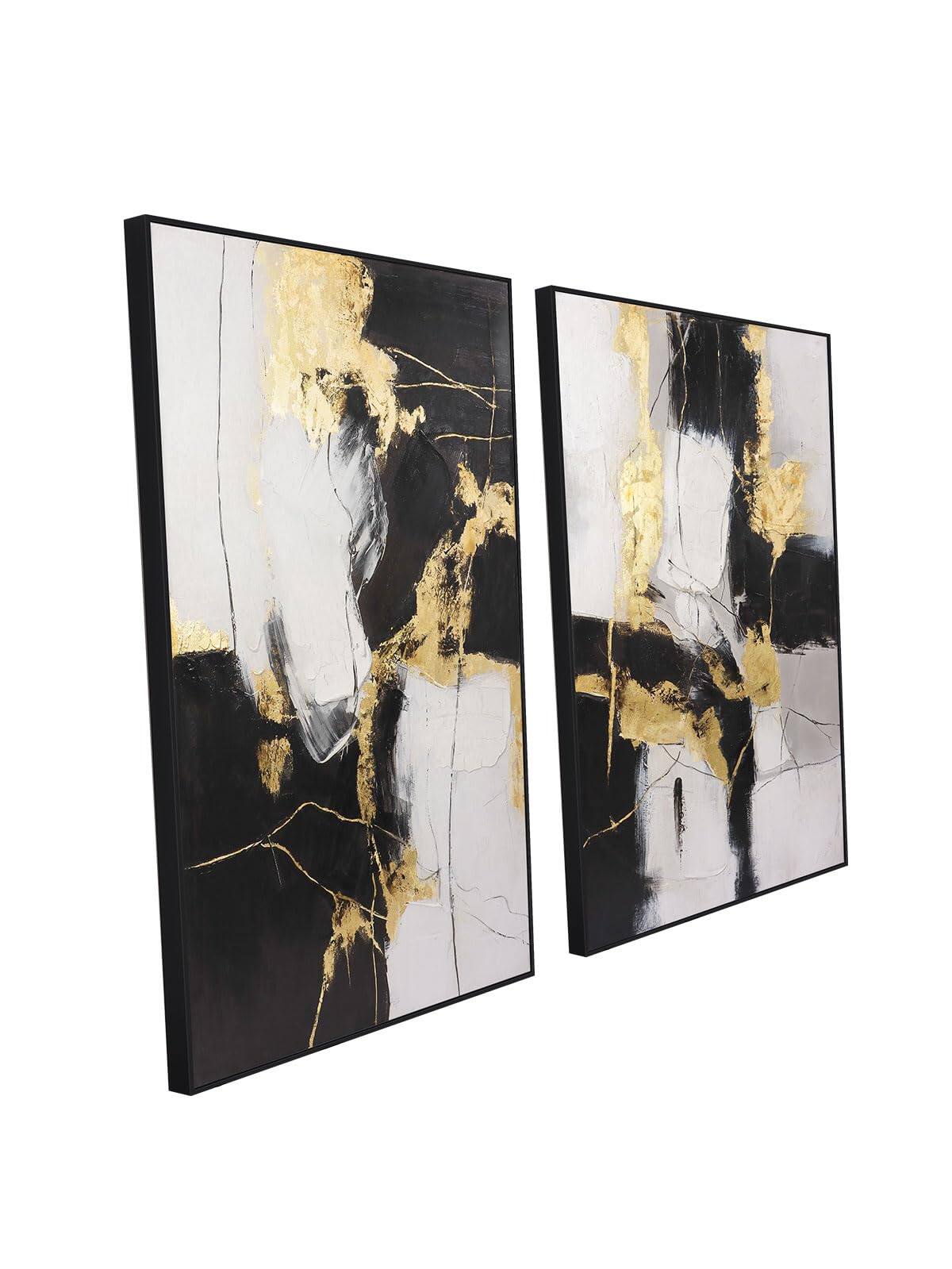 Angle. Hirose Alice - Set of 2 Modern Neutral Abstract Wall Art Framed Beige and Canvas Paintings for Living Room Bedroom or Office - Black Gold 2 24" x 36" x 2 Panel Framed.