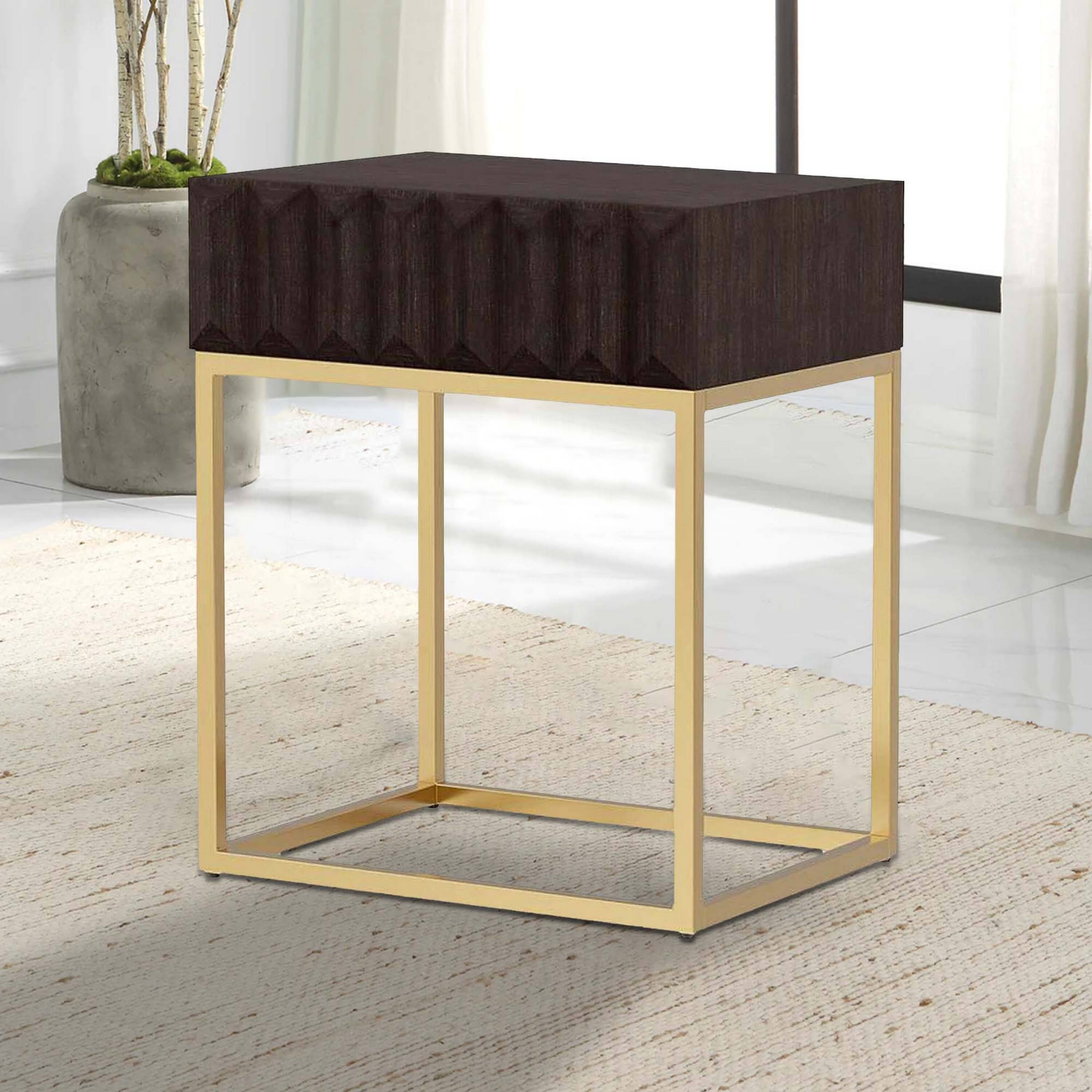 Alt View 5. Manhattan Lane - Bran 23 Inch Square Side End Table, Brown Wood, Gold Steel Base, 1 Drawer - Dark Brown, Gold.