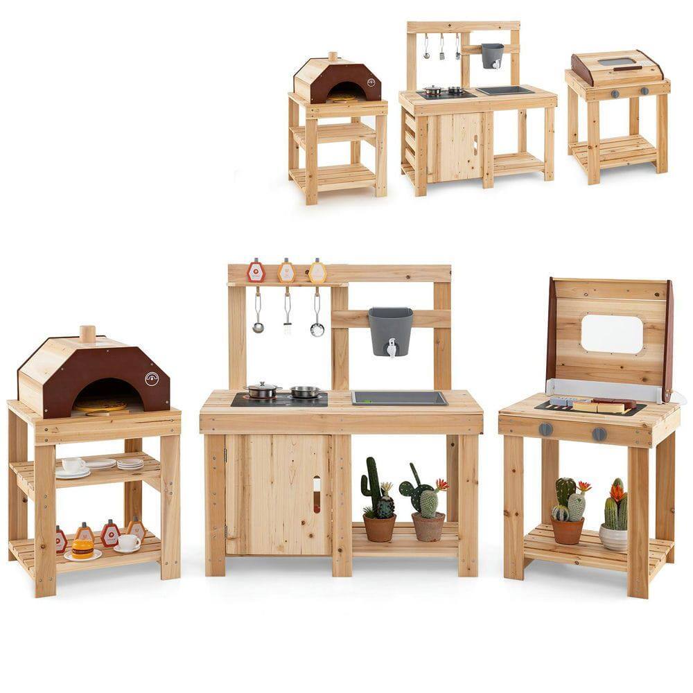 Front. Resenkos - 3-Piece Outdoor Mud Kitchen Set with BBQ Grill & Pizza Oven - Pretend Play Kitchen - Natural.