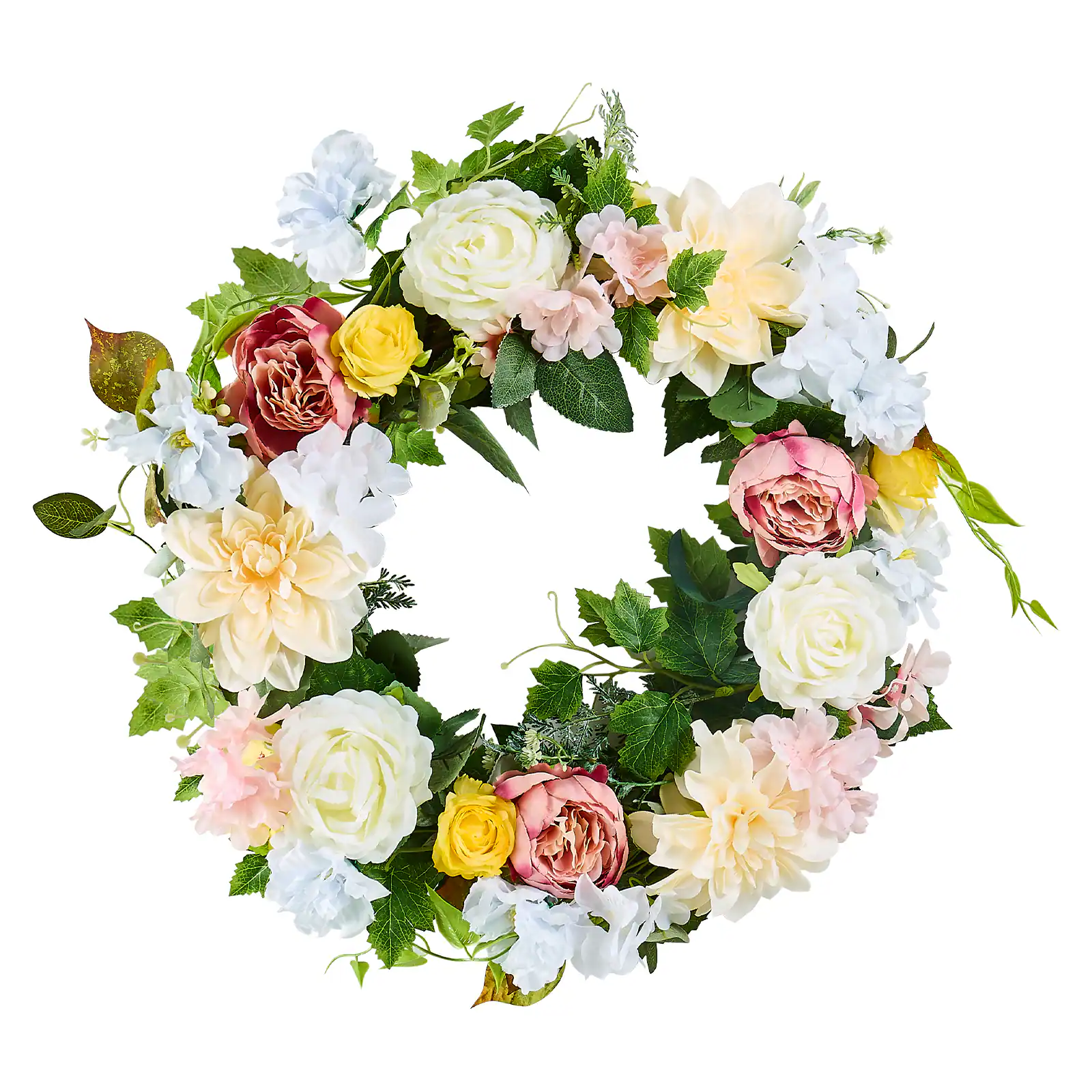 Alt View 5. VEVOR - Artificial Decorative Wreath, 24 in, White Pink Yellow, Decorated with Peonies, Hydrangeas, Year Round Wreath - White, Pink, Yellow.
