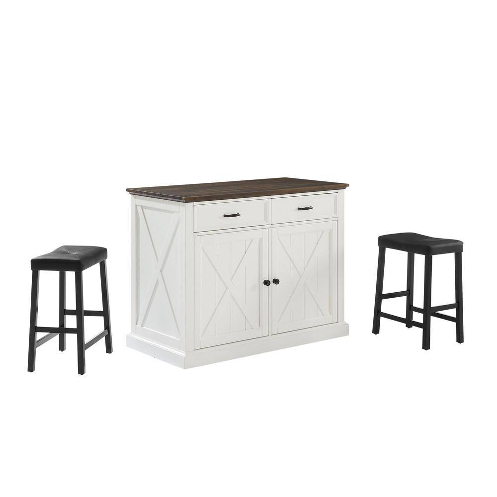 Alt View 6. Crosley Furniture - Clifton Kitchen Island W/Uph Saddle Stools - Kitchen Island & 2 Stools - Distressed White.