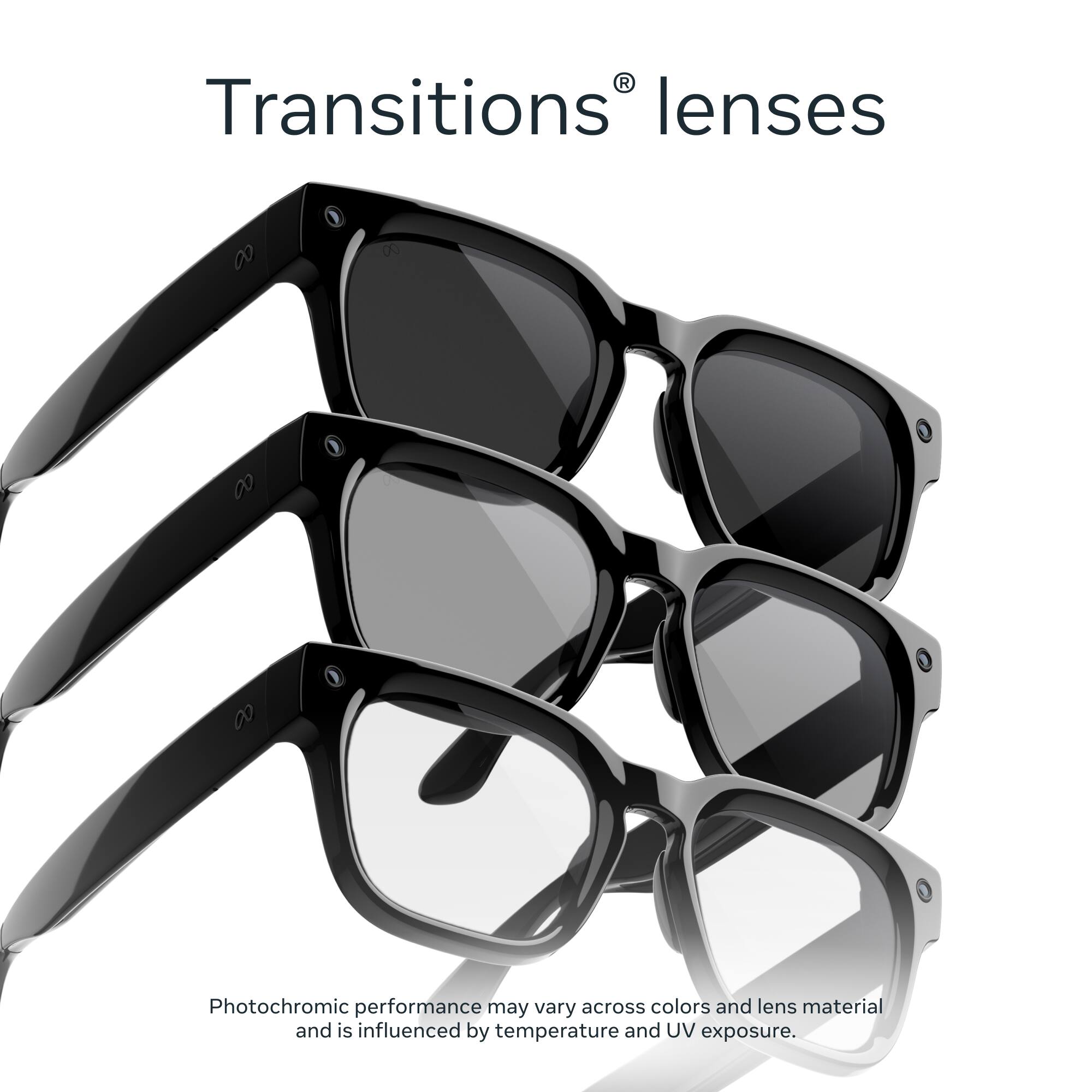 Transitions® lenses

Photochromic performance may vary across colors and lens material and is influenced by temperature and UV exposure.