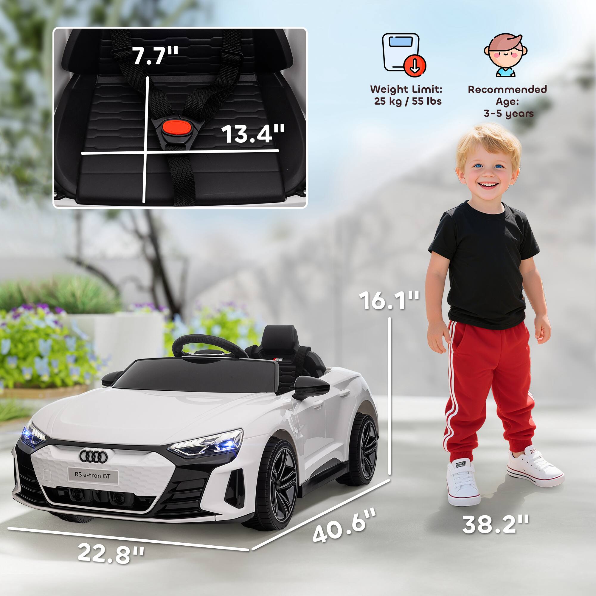 - Seat Dimensions: 7.7" x 13.4"
- Weight Limit: 25 kg / 55 lbs
- Recommended Age: 3-5 years
- Car Dimensions: 22.8" x 40.6" x 16.1"
- Child Height: 38.2"