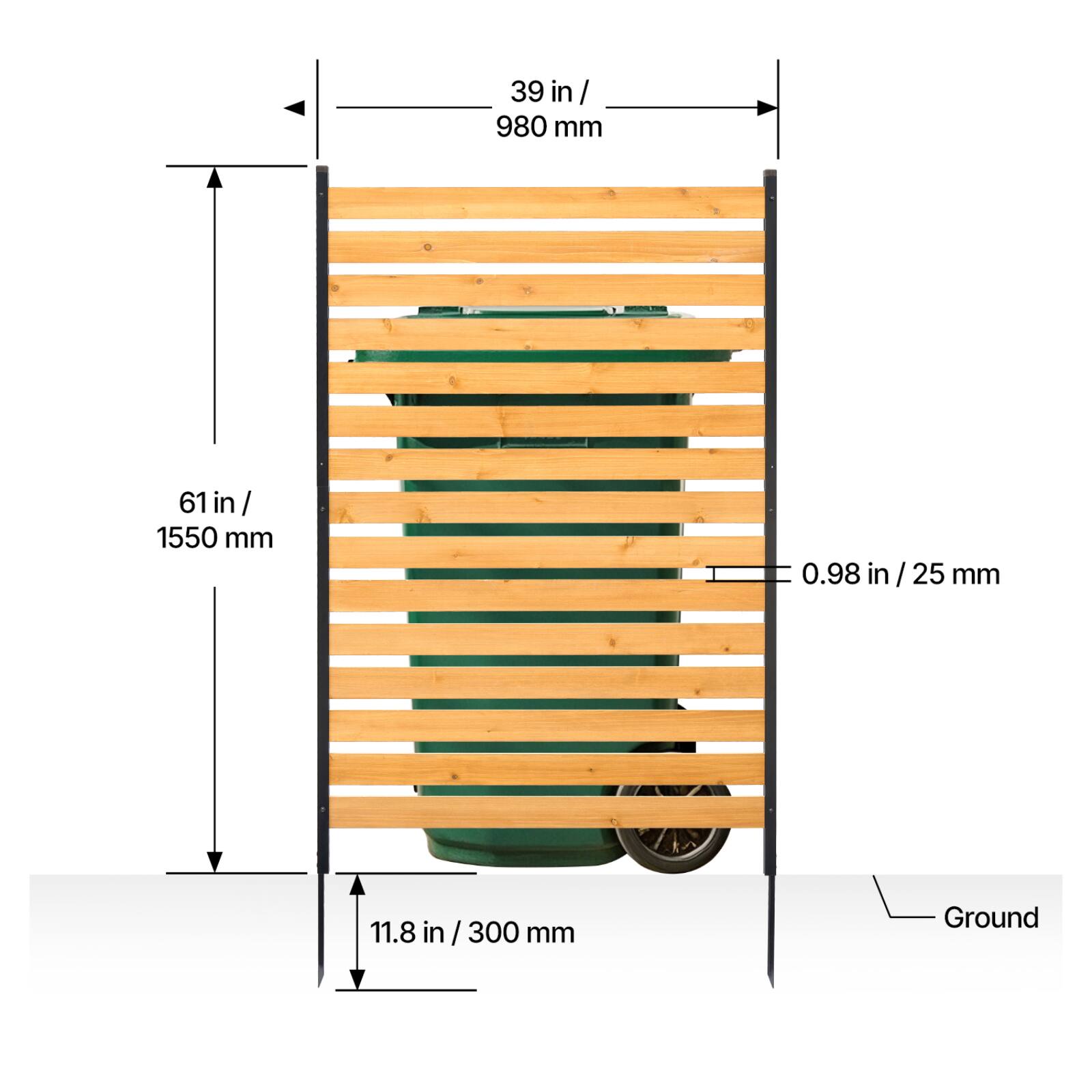 39 in / 980 mm  
61 in / 1550 mm  
0.98 in / 25 mm  
11.8 in / 300 mm  
Ground
