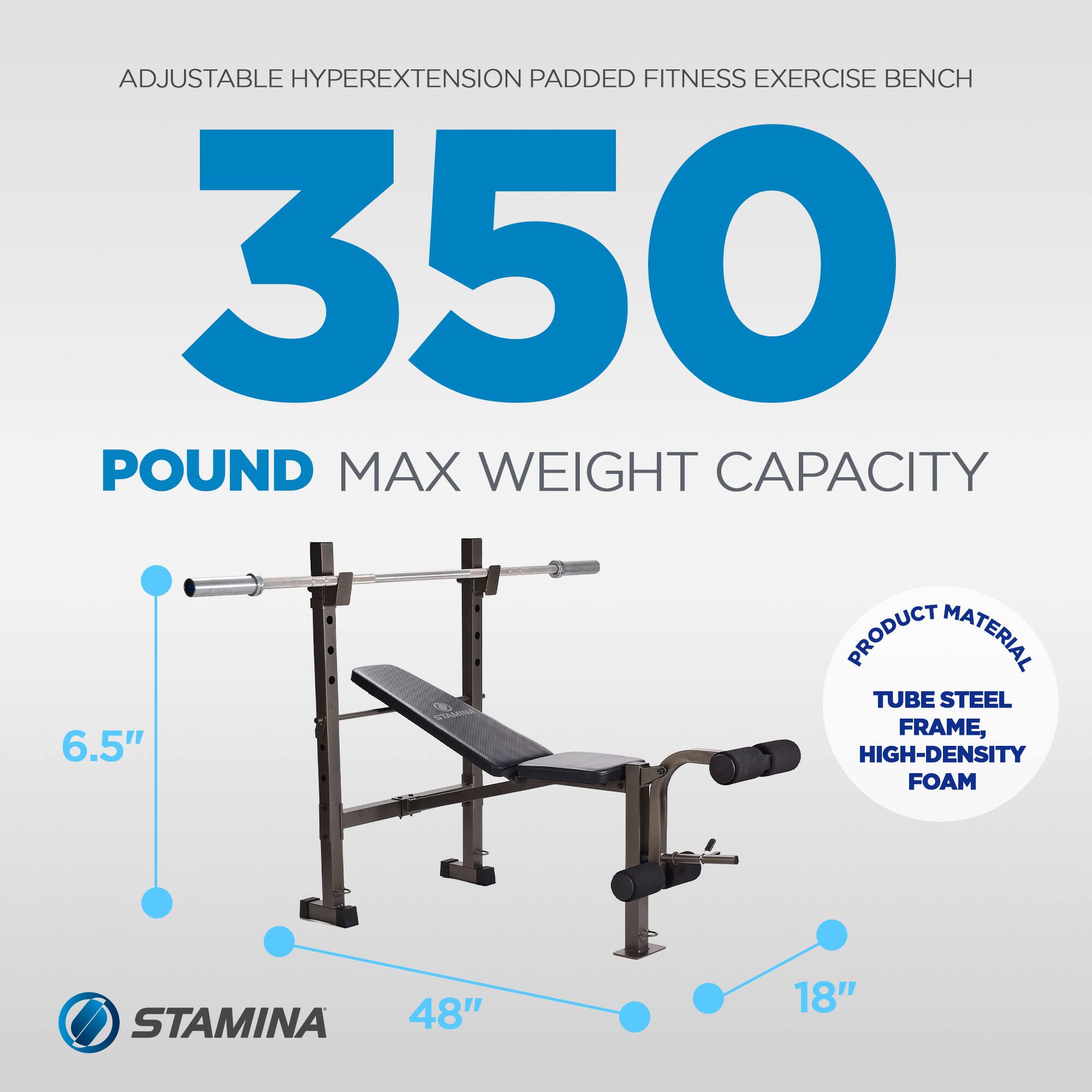 ADJUSTABLE HYPEREXTENSION PADDED FITNESS EXERCISE BENCH  
350 POUND MAX WEIGHT CAPACITY  
PRODUCT MATERIAL: TUBE STEEL FRAME, 6.5" HIGH-DENSITY FOAM  
STAMINA  
48" x 18"