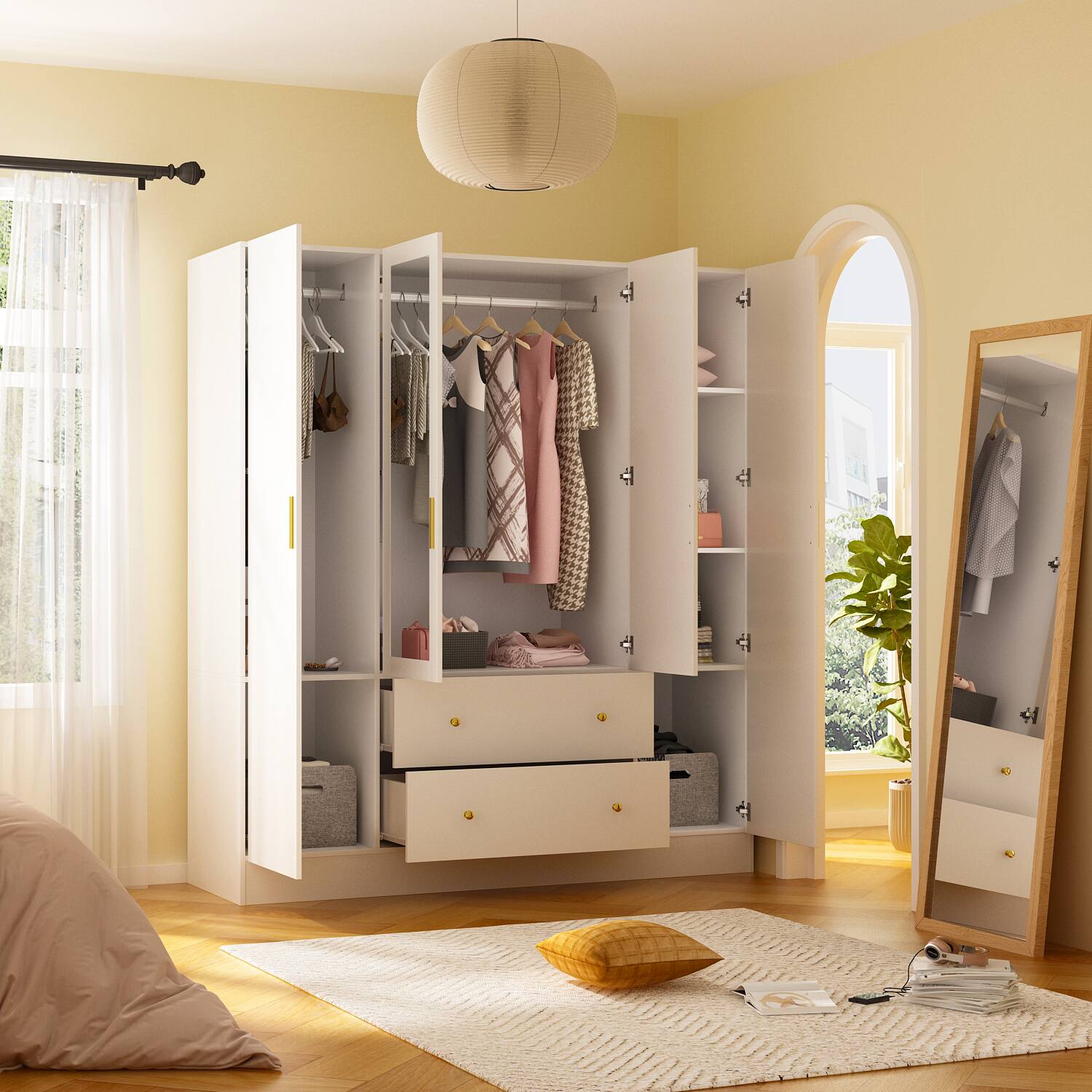 Left. Famapy - Wardrobe with Mirror and Aluminum Hanging Rod – Modern Closet with Drawers & Open Storage for Organized Clothes - White.