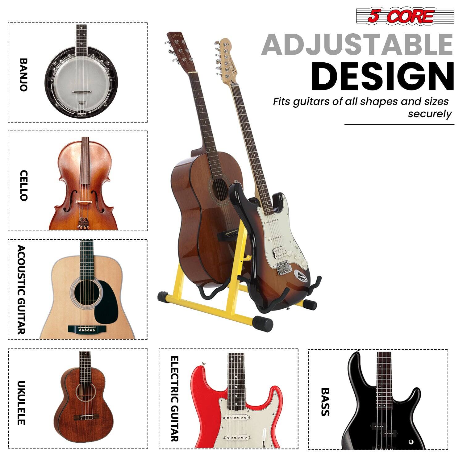 5 CORE  
ADJUSTABLE DESIGN  
Fits guitars of all shapes and sizes securely  

BANJO  
CELLO  
ACOUSTIC GUITAR  
UKULELE  
ELECTRIC GUITAR  
BASS