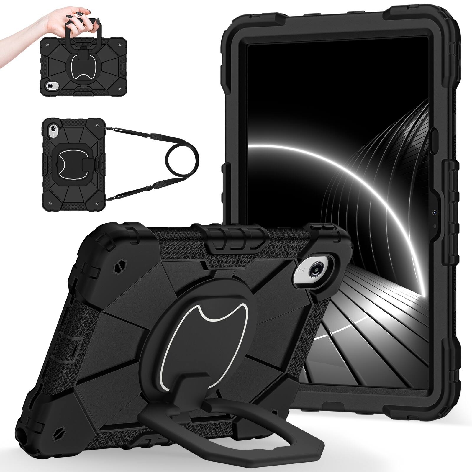 Angle. UUCOVER - Shockproof Case for Lenovo Idea Tab 11 inch (TB336) 2025 /K11 Gen 2 360° Rotating Stand Hand Grip Cover+Shoulder Strap - Black.