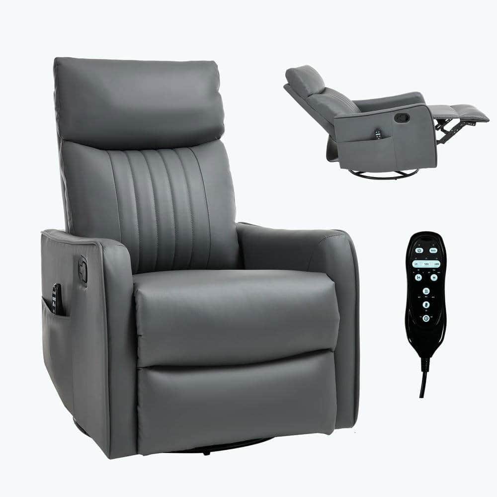 Kadyn - Faux Leather Heat Massage Recliner Chair, 8 Vibration Modes & Lumbar Heat, Rocker Swivel, Grayish Green - Gray