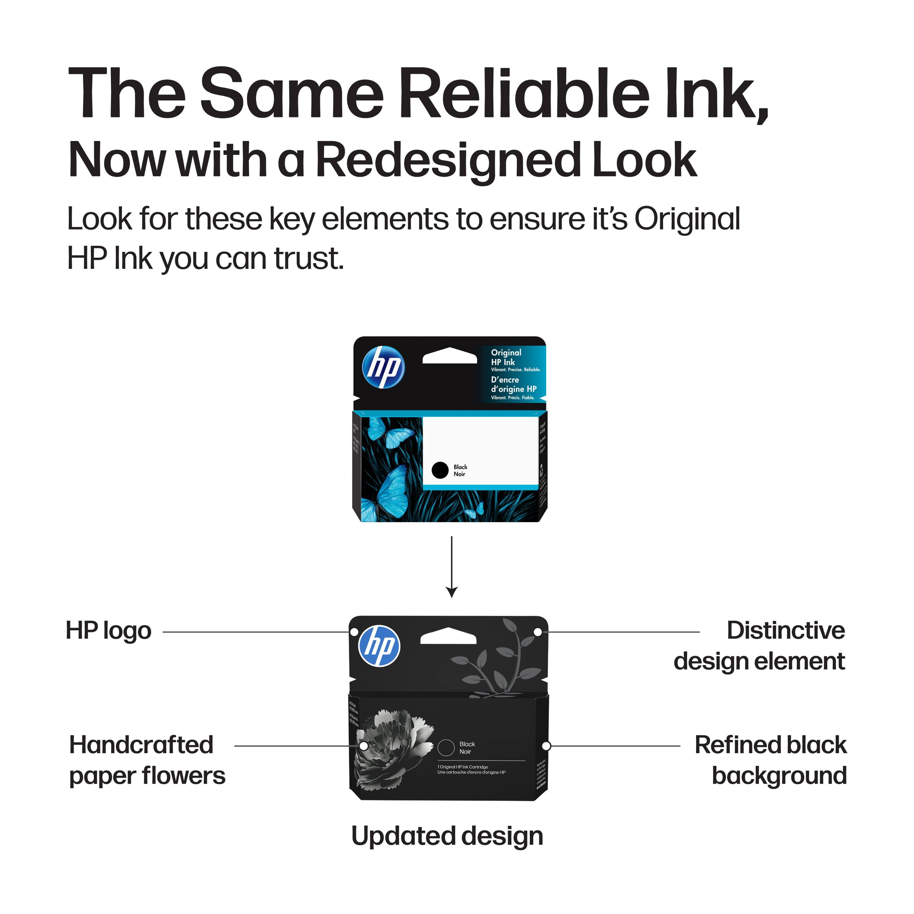 The Same Reliable Ink, Now with a Redesigned Look

Look for these key elements to ensure it's Original HP Ink you can trust.

- HP logo
- Handcrafted paper flowers
- Distinctive design element
- Refined black background
- Updated design