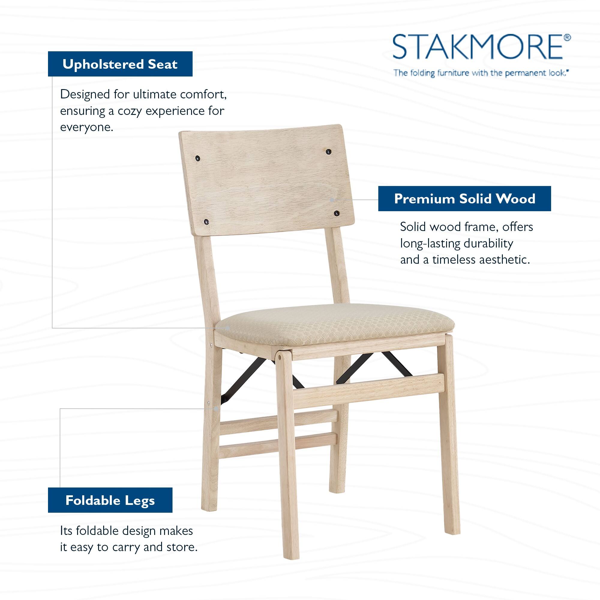 Upholstered Seat  
Designed for ultimate comfort, ensuring a cozy experience for everyone.

Premium Solid Wood  
Solid wood frame, offers long-lasting durability and a timeless aesthetic.

Foldable Legs  
Its foldable design makes it easy to carry and store.

STAKMORE  
The folding furniture with the permanent look.