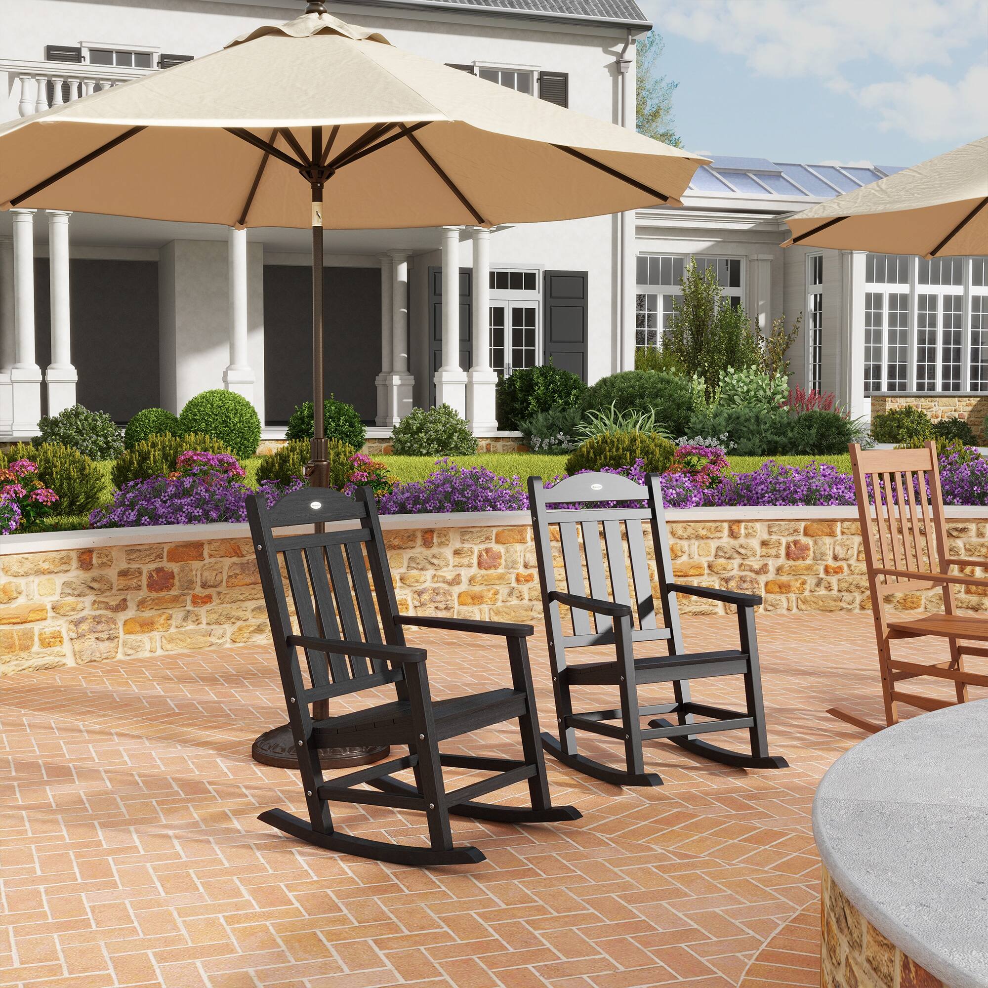 Alt View 5. Outsunny - 2 Pieces Outdoor Rocking Chair, All Weather-Resistant HDPE Rocking Patio Chairs with Rustic High Back, Armrests - Black.