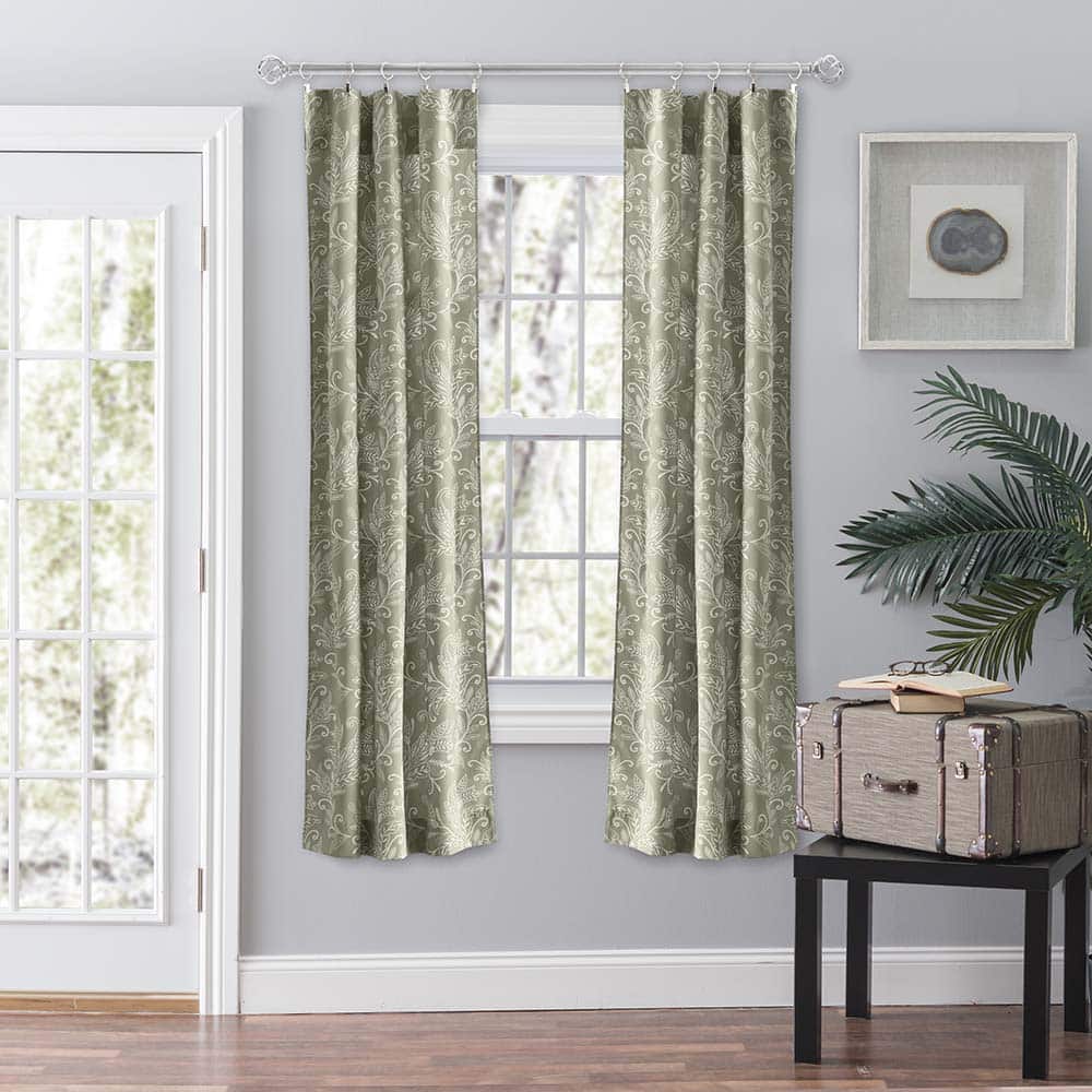 Ellis Curtain - Lexington Leaf Pattern on Colored Ground Curtain Pair with Ties 56"x63" - Sage