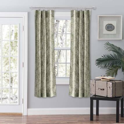 Front. Ellis Curtain - Ellis Curtain Lexington Leaf Pattern on Colored Ground Curtain Pair with Ties 56"x63" Sage - Sage.
