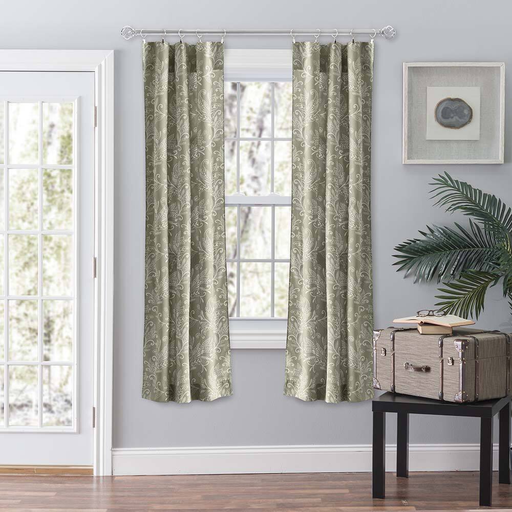 Front. Ellis Curtain - Ellis Curtain Lexington Leaf Pattern on Colored Ground Curtain Pair with Ties 56"x63" Sage - Sage.
