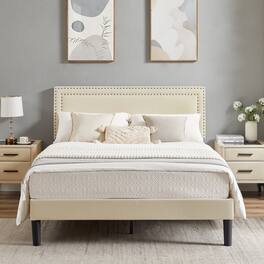Vecelo - Queen Size Platform Bed Frame with Adjustable Upholstered Headboard, Strong Wood Slat Support,No Box Spring Needed - Beige
