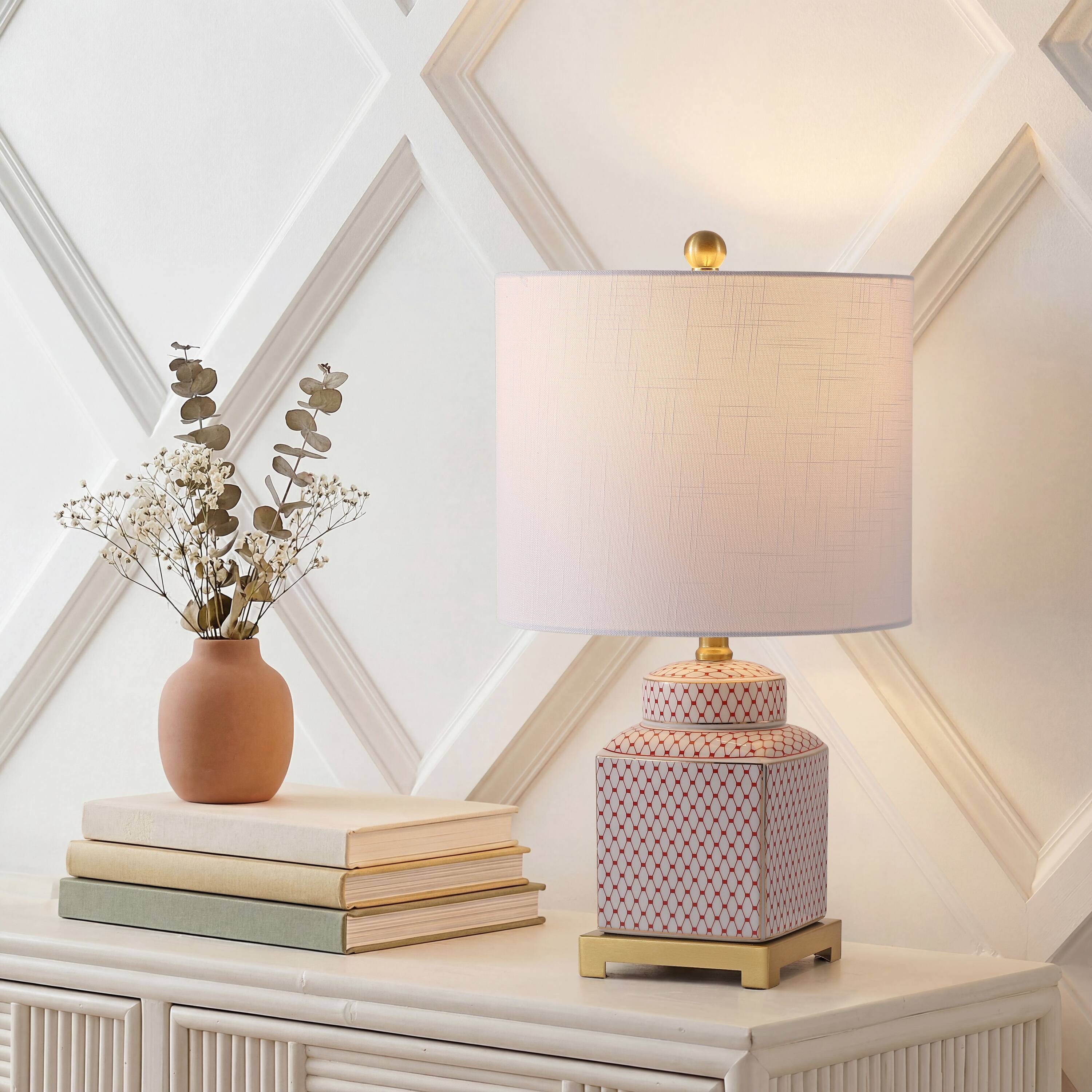 Alt View 1. Jonathan Y - Cleo Transitional 21.5" Red and White Square Ceramic Table Lamp with Glam Brass Gold Base for Living Room - White/Red.