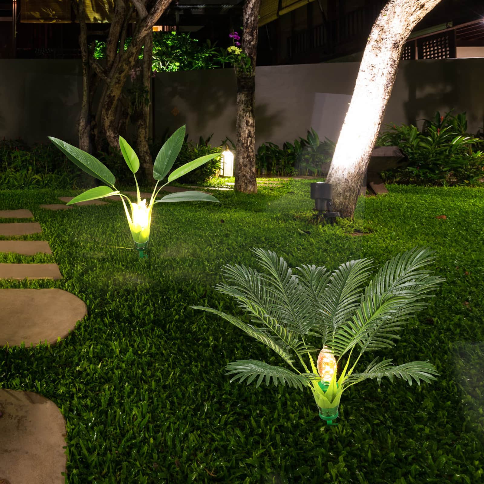 Oumilen - 2 Pack Solar Garden Lights, Outdoor Waterproof Solar Pathway Lights with Artificial Palm & Leaf Design