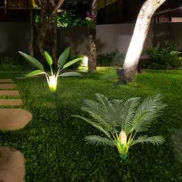 Oumilen - 2 Pack Solar Garden Lights, Outdoor Waterproof Solar Pathway Lights with Artificial Palm & Leaf Design