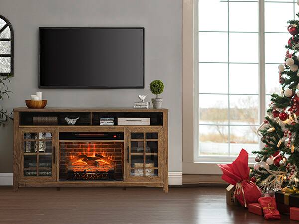 Back. GOODSILO - 55 Inch TV Stand with Electric Fireplace Insert & Storage Cabinets - Reclaimed Barnwood.