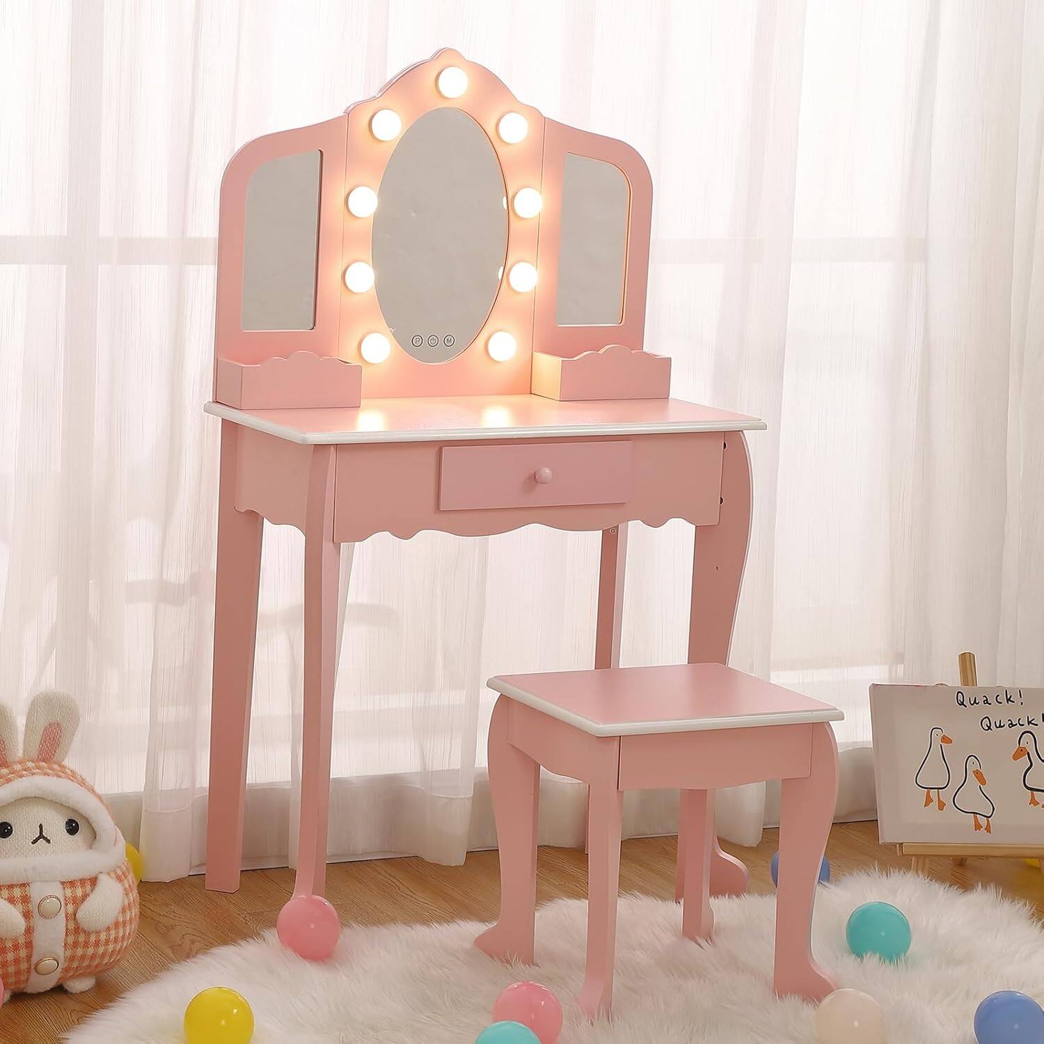 Front. Acekool - Kids Vanity Table & Stool (3-10 Yrs Girls) - Lighted Tri-Fold Mirror, Drawer & Storage Grid for Kids Makeup - Pink.
