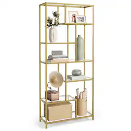 Songmics Home - Bookshelf, 6-Tier Tall Bookcase, Display Shelf, Plant Stand, 11.8 x 31.5 x 70.9 Inches, Tempered Glass - Metallic Gold