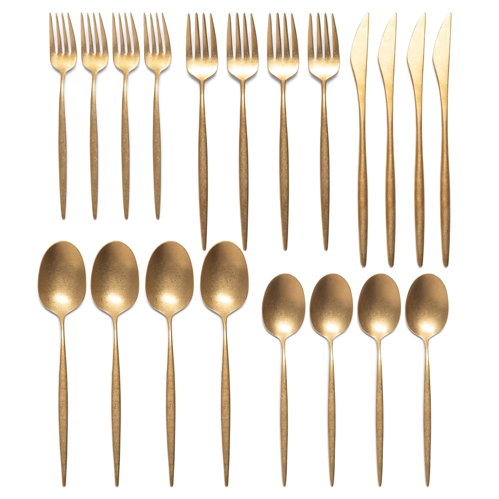 Larder & Vine - 20-Piece Vintage Flatware Set for 4, Made in Portugal from 18/10 Stainless Steel - Vintage Gold