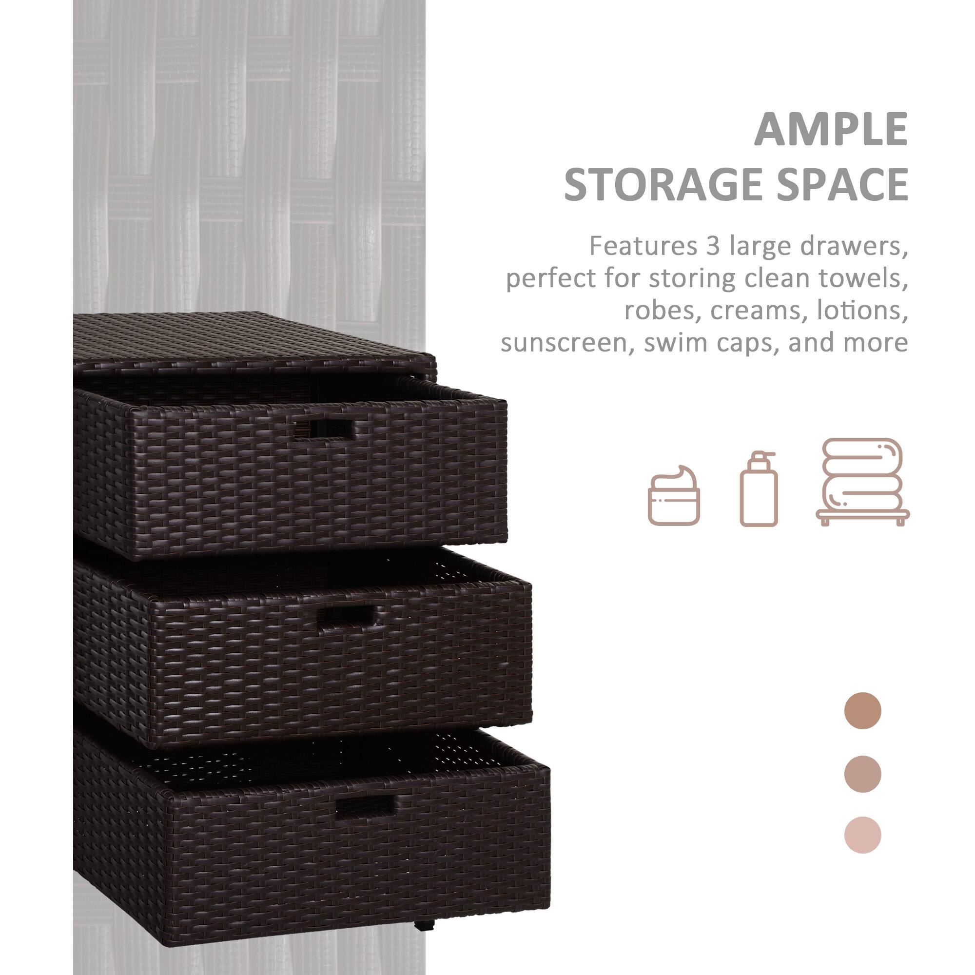 AMPLE STORAGE SPACE
Features 3 large drawers, perfect for storing clean towels, robes, creams, lotions, sunscreen, swim caps, and more