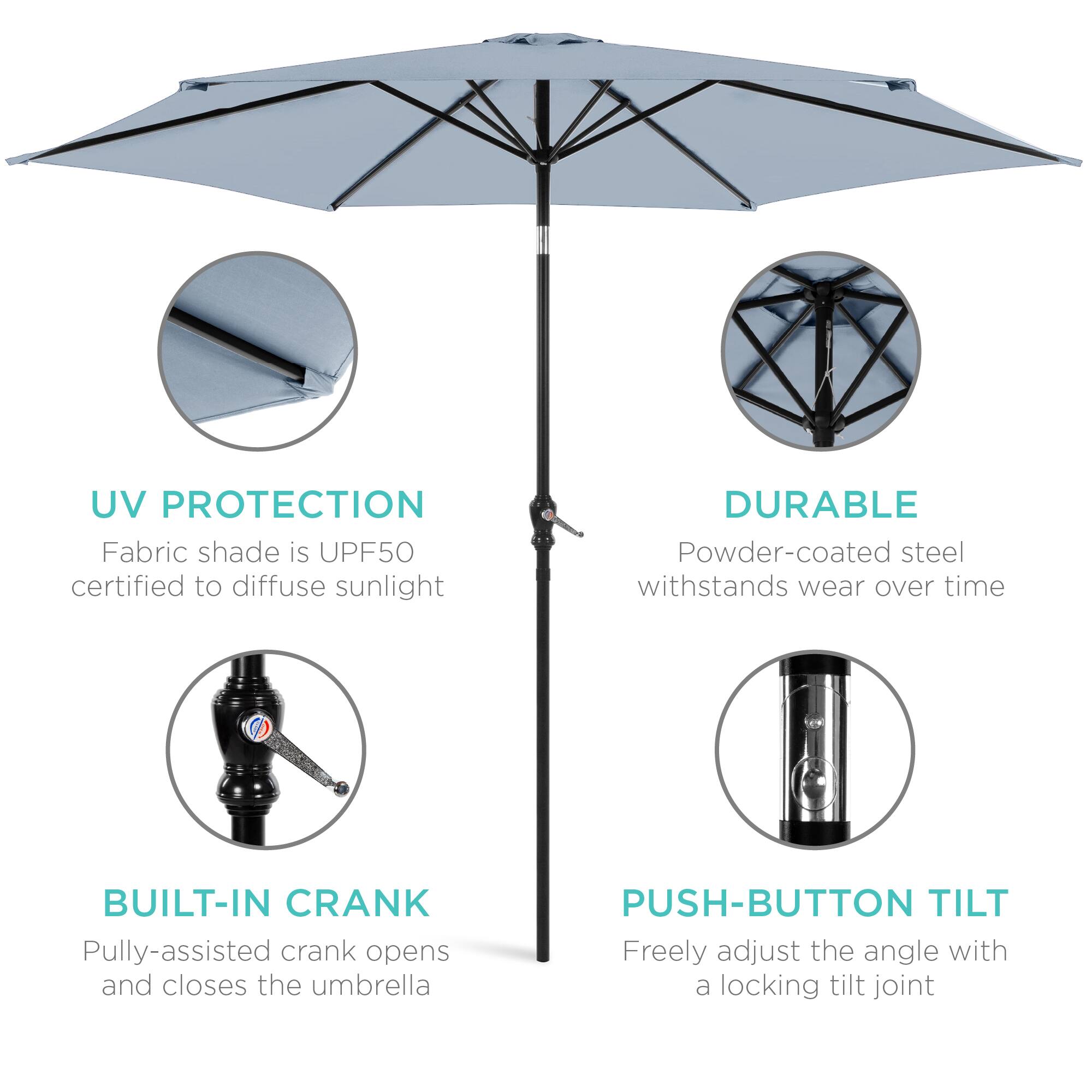 UV Protection: Fabric shade is UPF50 certified to diffuse sunlight.  
Durable: Powder-coated steel withstands wear over time.  
Built-in Crank: Pulley-assisted crank opens and closes the umbrella.  
Push-button Tilt: Freely adjust the angle with a locking tilt joint.