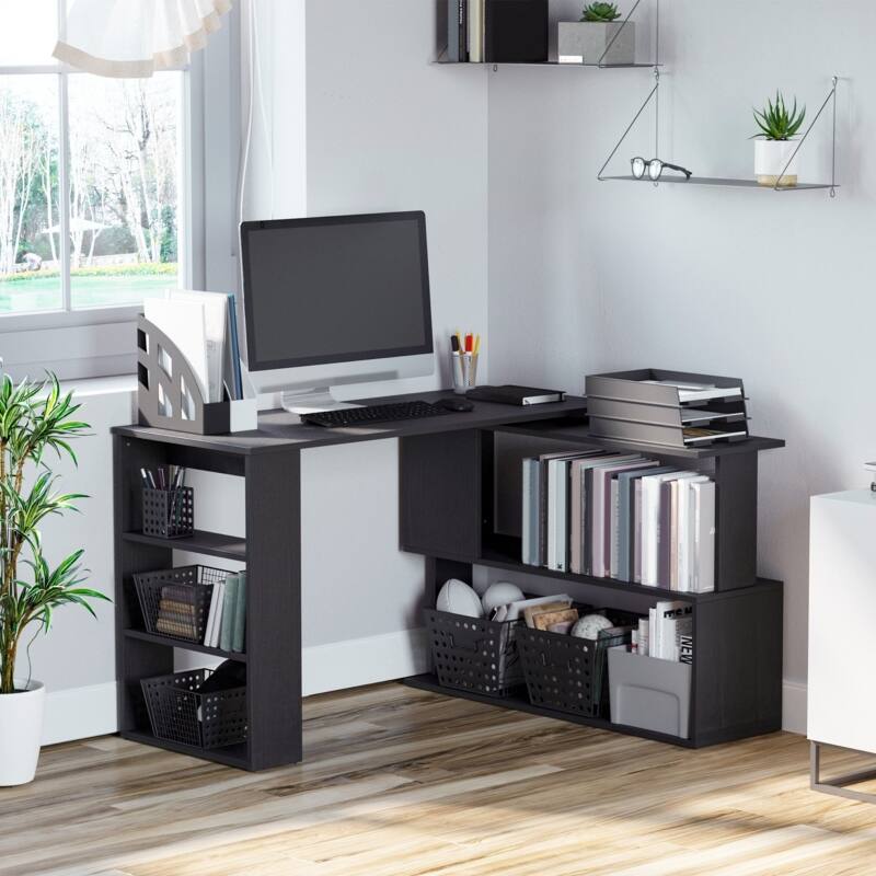 Angle. Anysun - 360° Rotating L Shaped Corner Computer Desk with Storage Shelves, Versatile Workstation for Home Office - Black.
