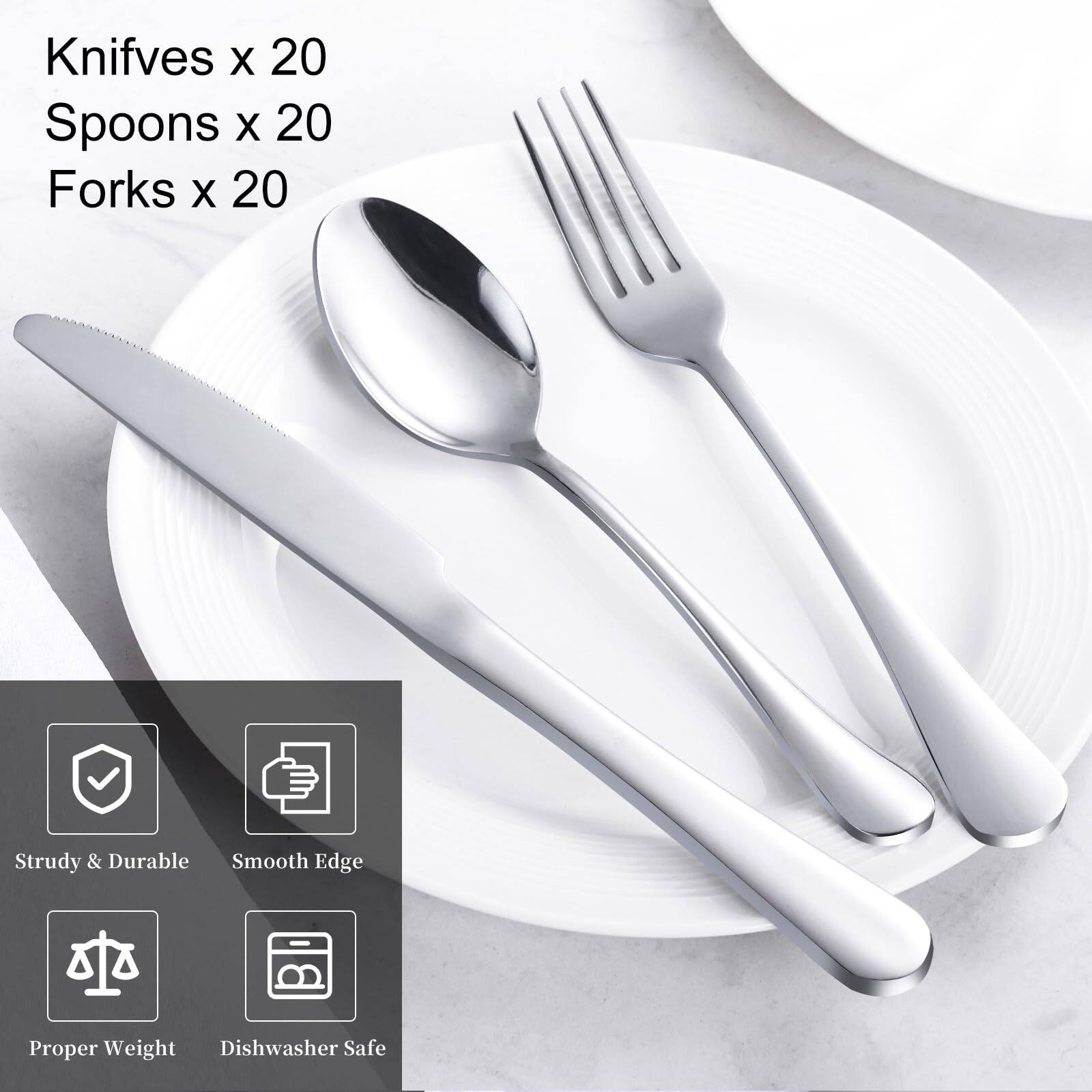 Knives x 20  
Spoons x 20  
Forks x 20  

- Strudy & Durable  
- Smooth Edge  
- Proper Weight  
- Dishwasher Safe