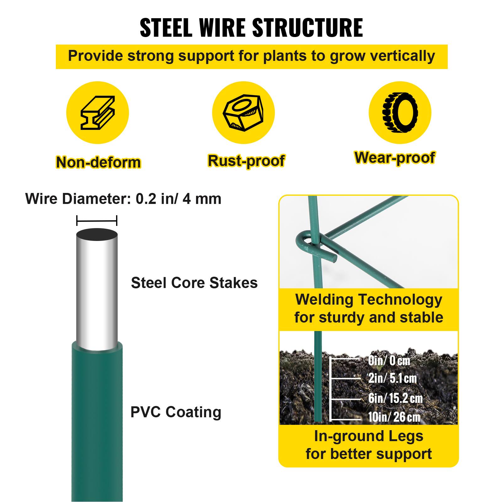 STEEL WIRE STRUCTURE
Provide strong support for plants to grow vertically
Non-deform
Rust-proof
Wear-proof
Wire Diameter: 0.2 in/ 4 mm
Steel Core Stakes
Welding Technology for sturdy and stable
PVC Coating
0in/ 0 cm
2in/ 5.1 cm
6in/ 15.2 cm
10in/ 26 cm
In-ground Legs for better support