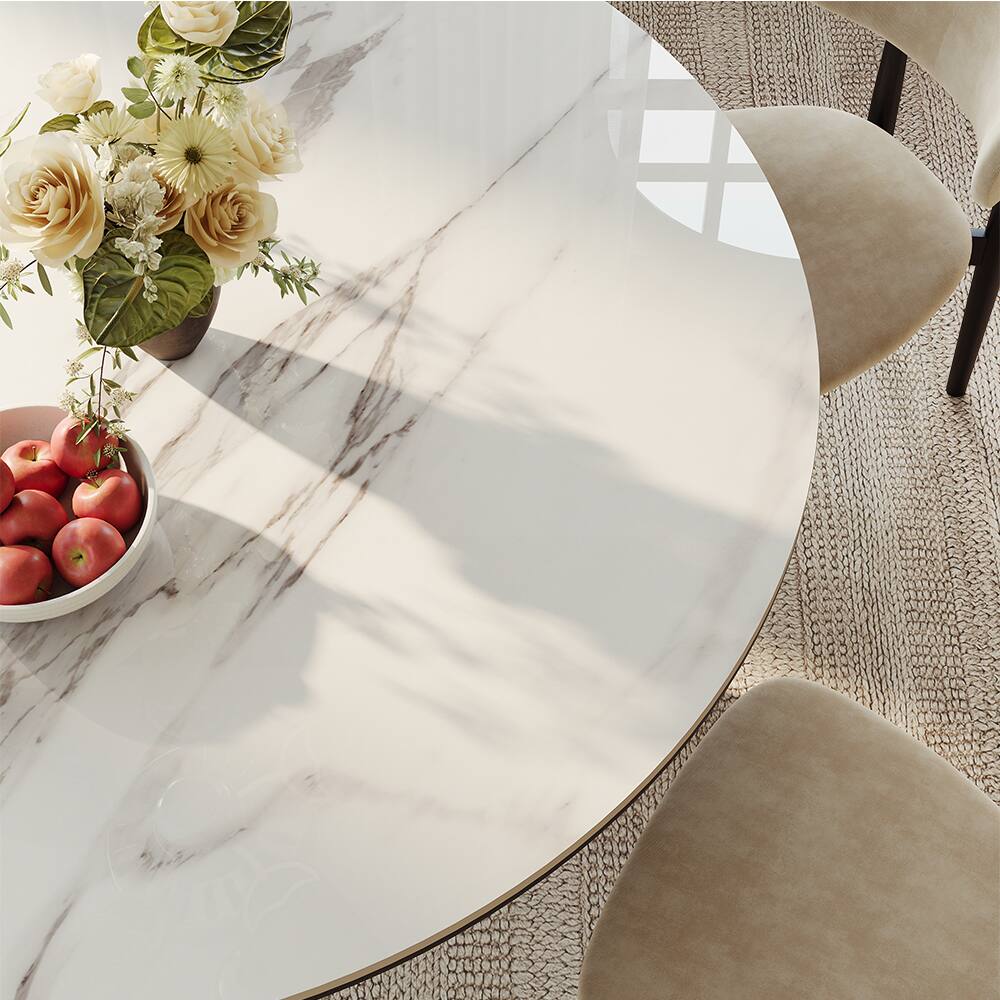 Back. POVISON - 47"Modern  Round Dining Table for 4 White Sintered Stone for Small Spaces, Breakfast Nooks & Apartments - White.