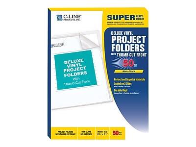 C-LINE PRODUCTS, INC.
SUPER HEAVY WEIGHT
DELUXE VINYL PROJECT FOLDERS WITH THUMB CUT FRONT
50
Protect and Preserve Materials
Sealed on 2 Sides
With Thumb Cut Front
Durable Vinyl
Heavy Front & Protective Back
PROJECT FOLDERS
WITH THUMB CUT FRONT
NON-GLARE
INSERT SIZE
8½" x 11"
50