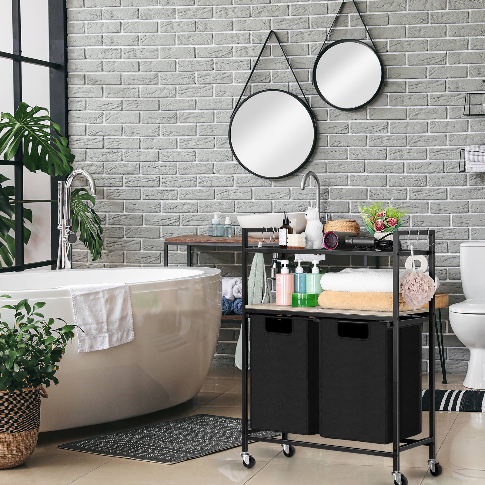 Alt View 1. Oumilen - 2-Section Rolling Laundry Hamper Cart – Metal Sorter with 2-Tier Shelves & Removable Bags, Black - Black.