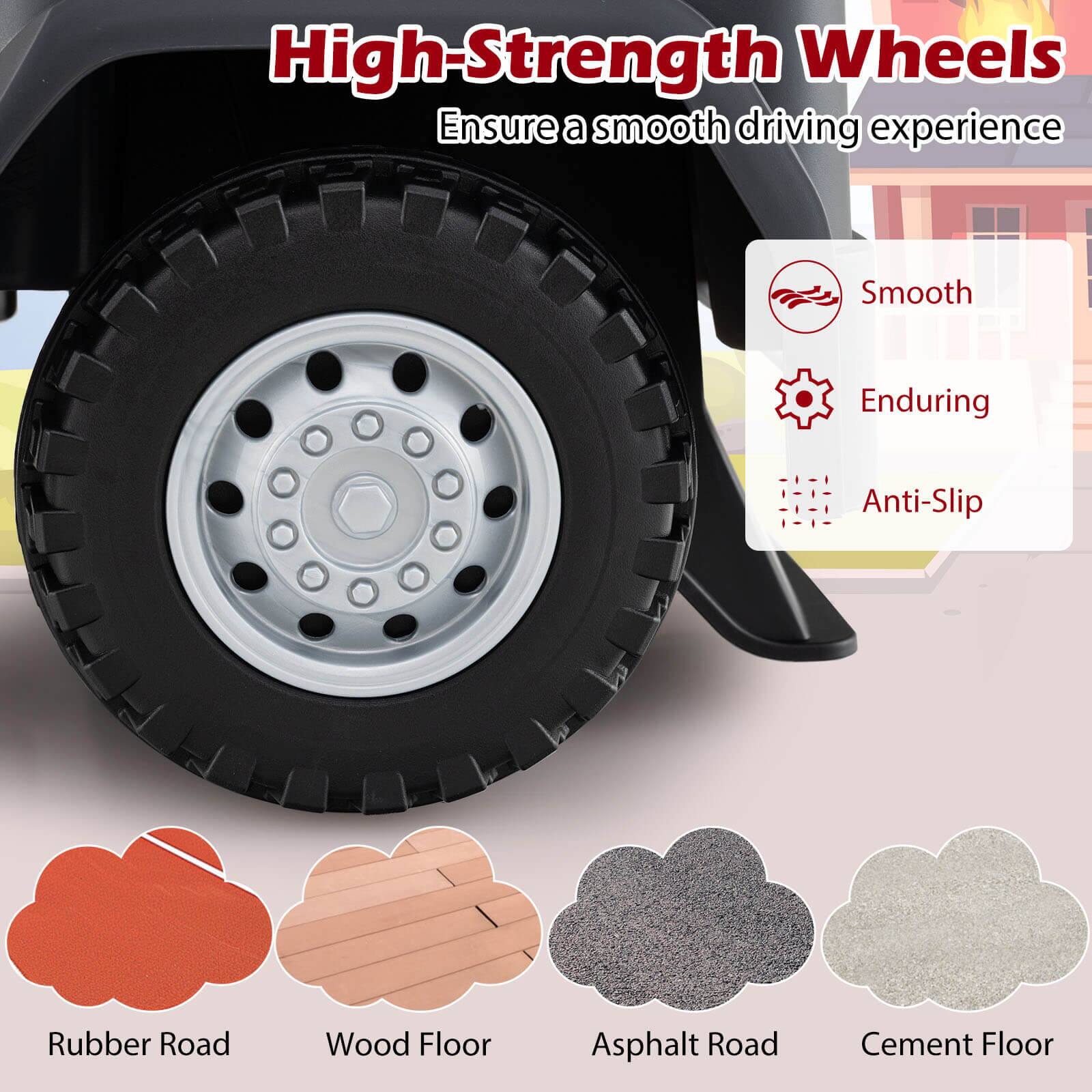 High-Strength Wheels  
Ensure a smooth driving experience

- Smooth
- Enduring
- Anti-Slip

Rubber Road  
Wood Floor  
Asphalt Road  
Cement Floor