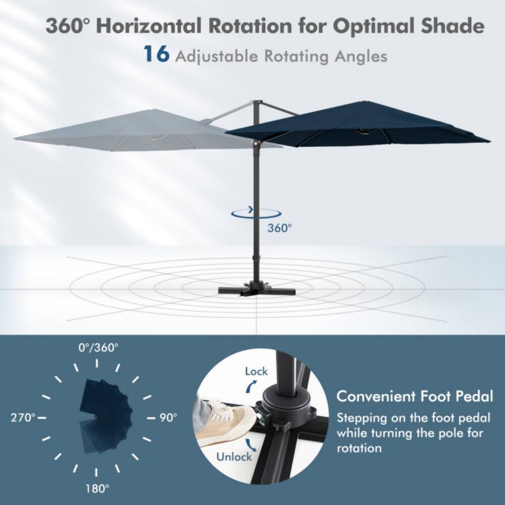 360° Horizontal Rotation for Optimal Shade  
16 Adjustable Rotating Angles  

Convenient Foot Pedal  
Stepping on the foot pedal while turning the pole for rotation  

Lock  
Unlock  

0°/360°  
90°  
180°  
270°