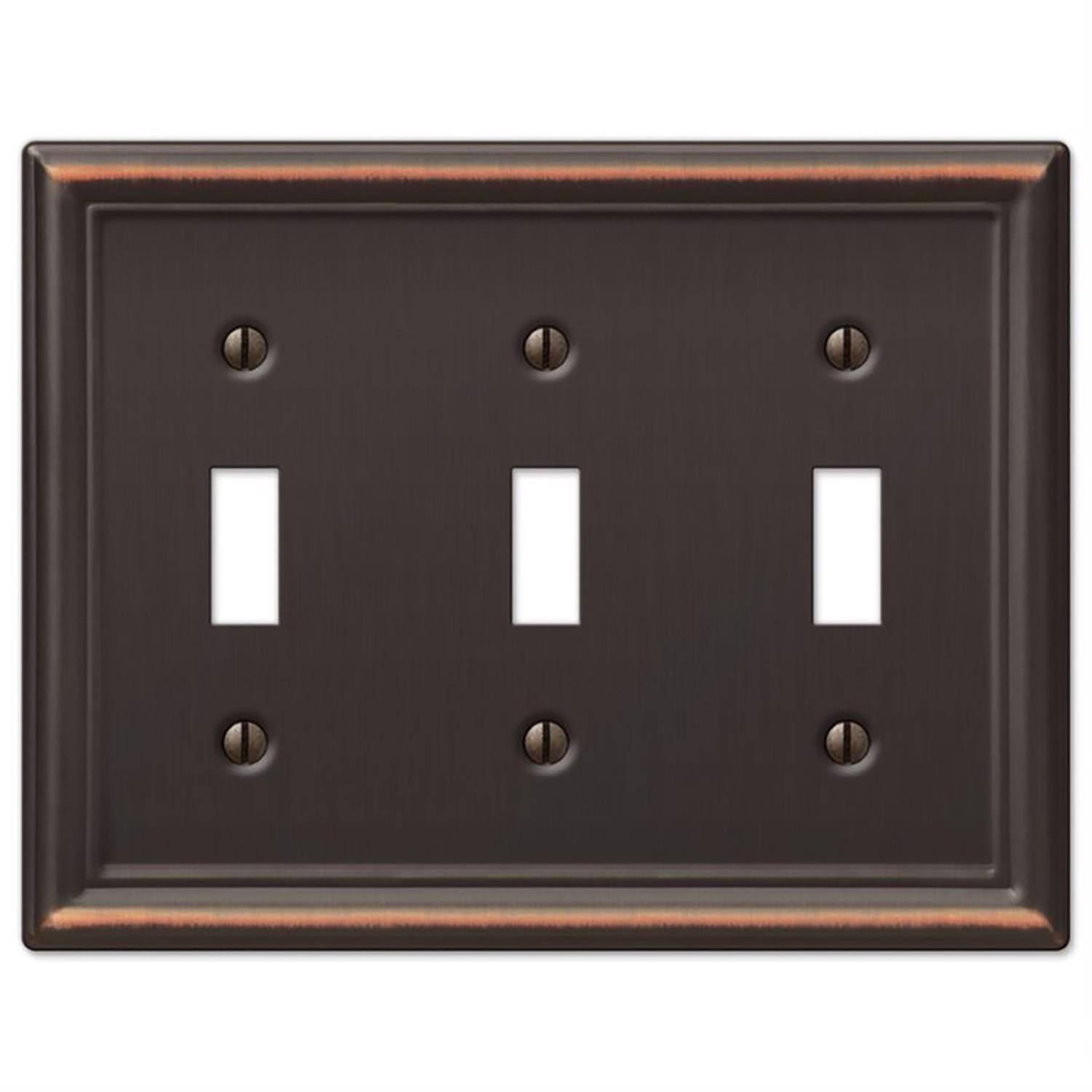 Angle. AMERELLE - Amerelle Chelsea Aged Bronze 3 gang Stamped Steel Toggle Wall Plate 1 pk - Bronze.