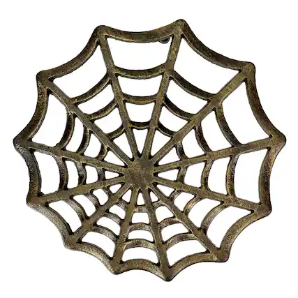 Front. Zeckos - Cast Iron Spider Web Trivet 8" Bronze Gothic Decor, Kitchen Heat Resistant Mat - Bronze.