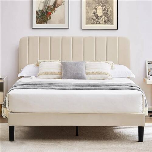 Back. SlickBlue - Upholstered Platform Bed Frame with Padded Headboard for Modern Bedrooms - Beige.