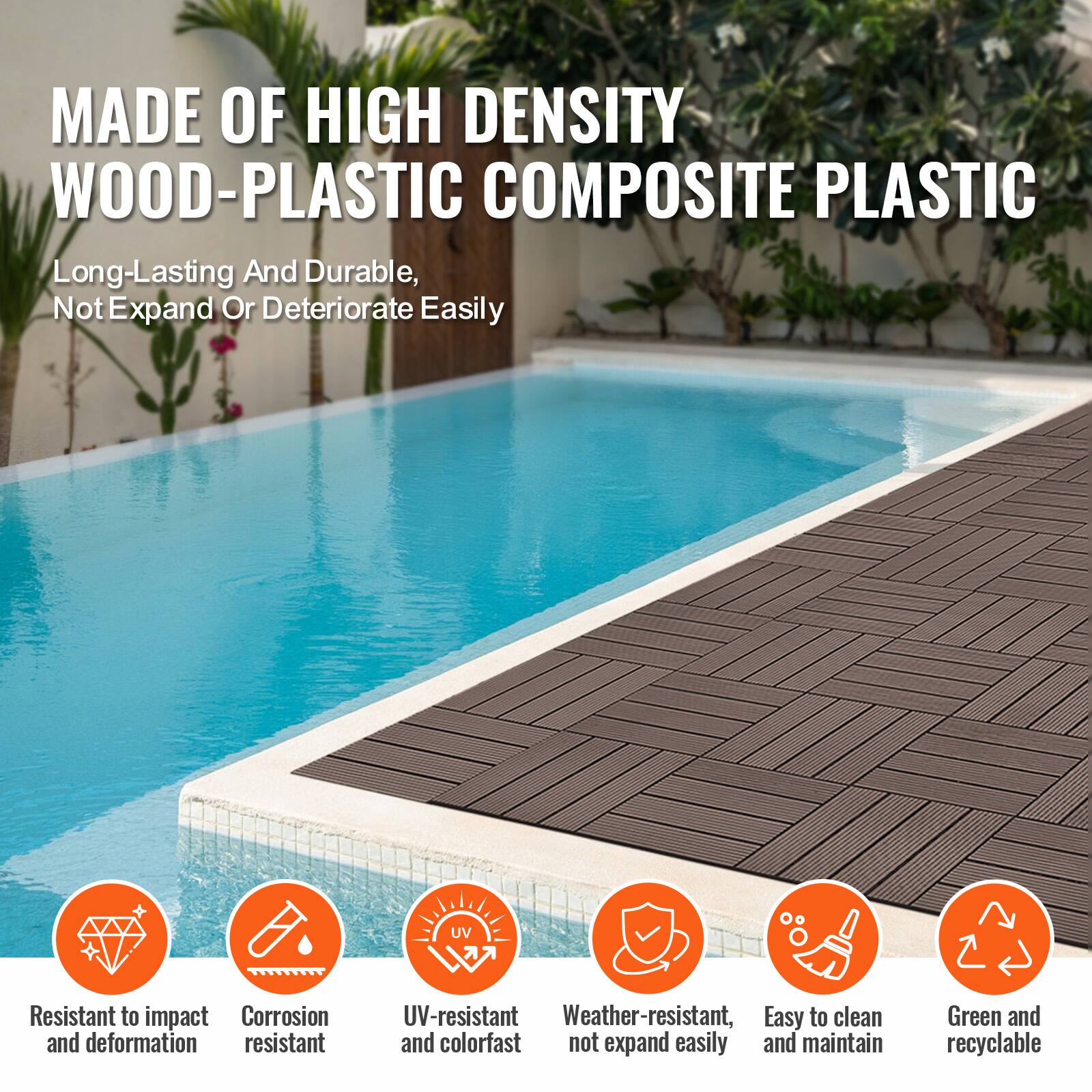 MADE OF HIGH DENSITY WOOD-PLASTIC COMPOSITE PLASTIC

Long-Lasting And Durable, Not Expand Or Deteriorate Easily

- Resistant to impact and deformation
- Corrosion resistant
- UV-resistant and colorfast
- Weather-resistant, not expand easily
- Easy to clean and maintain
- Green and recyclable