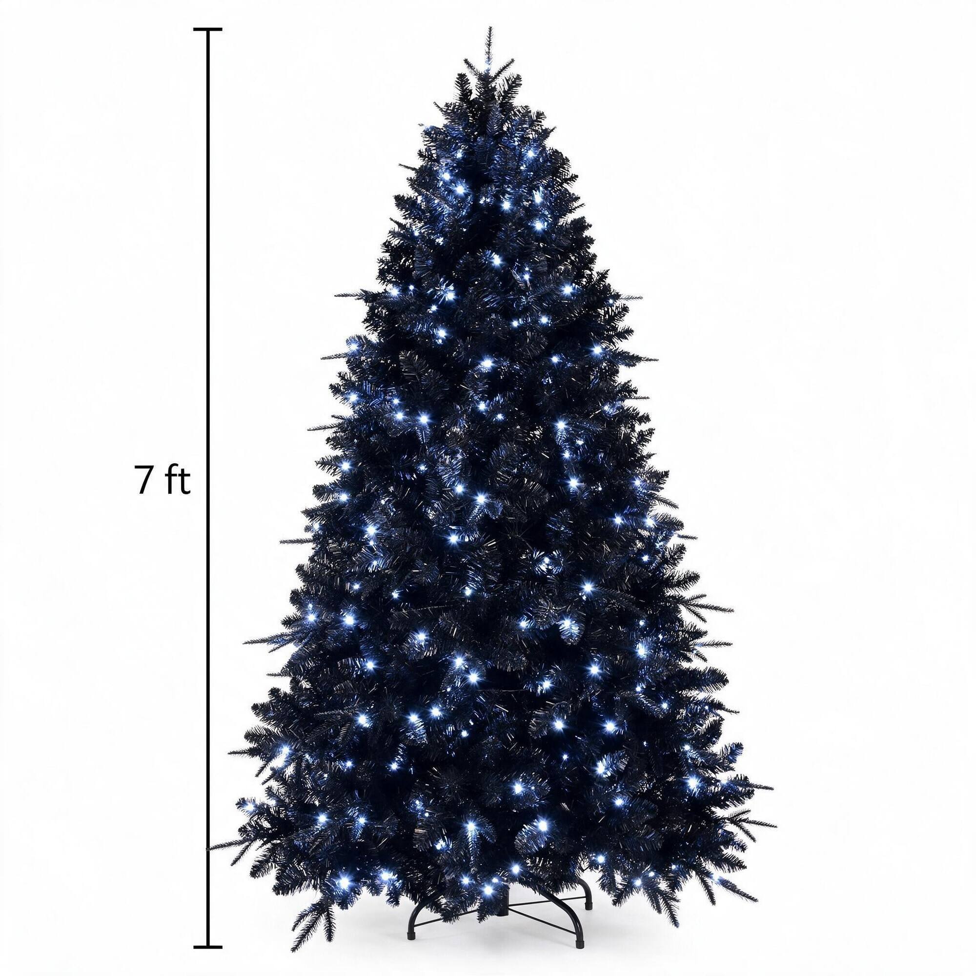 Alt View 1. RYHNUYNE - 7FT Black Christmas Tree, 450 White LED Lights 1916 Tips PE+PVC Material Hinged Metal Stand Halloween Holiday Decor - Black.