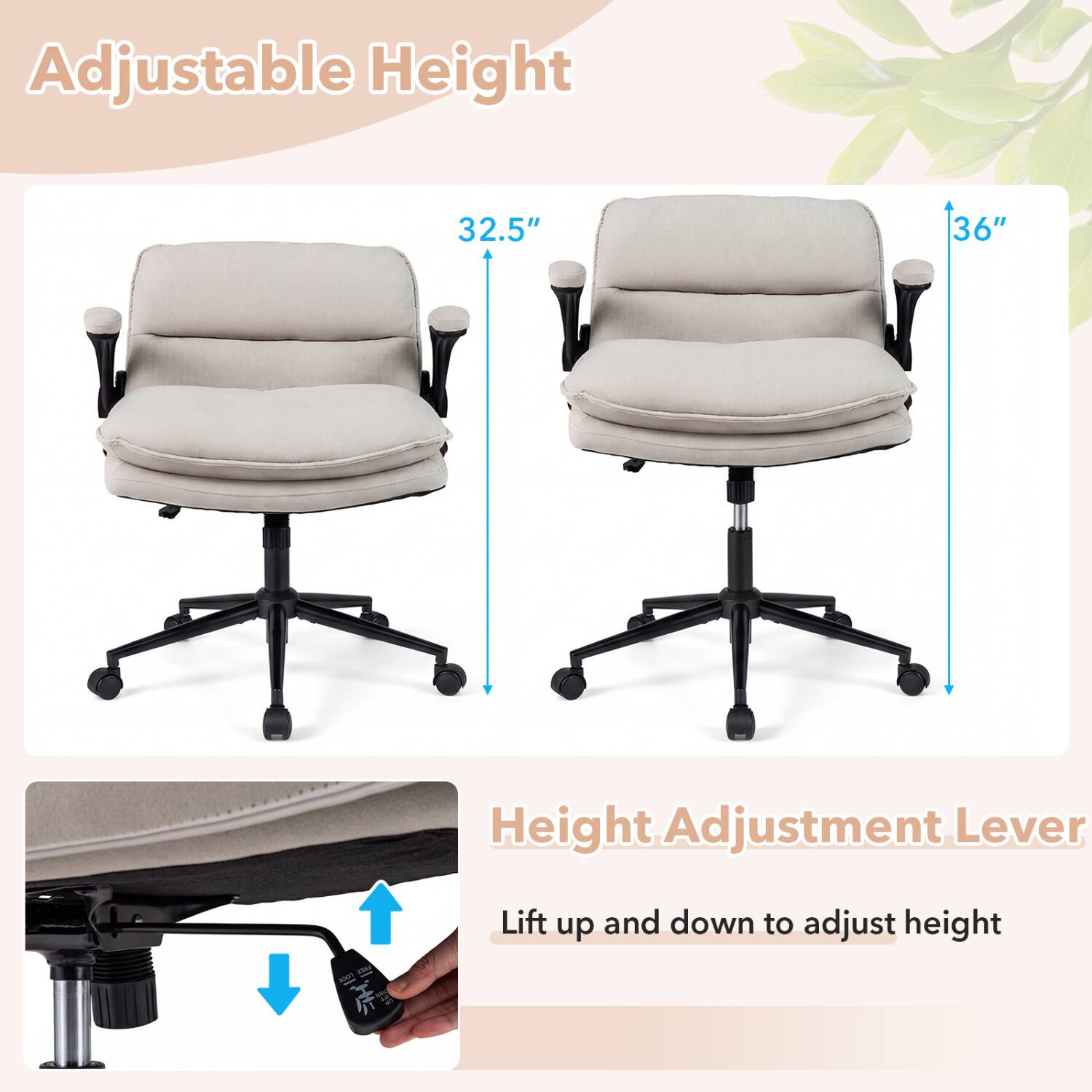 Adjustable Height  
32.5"  
36"  
Height Adjustment Lever  
2281 2020  
Lift up and down to adjust height