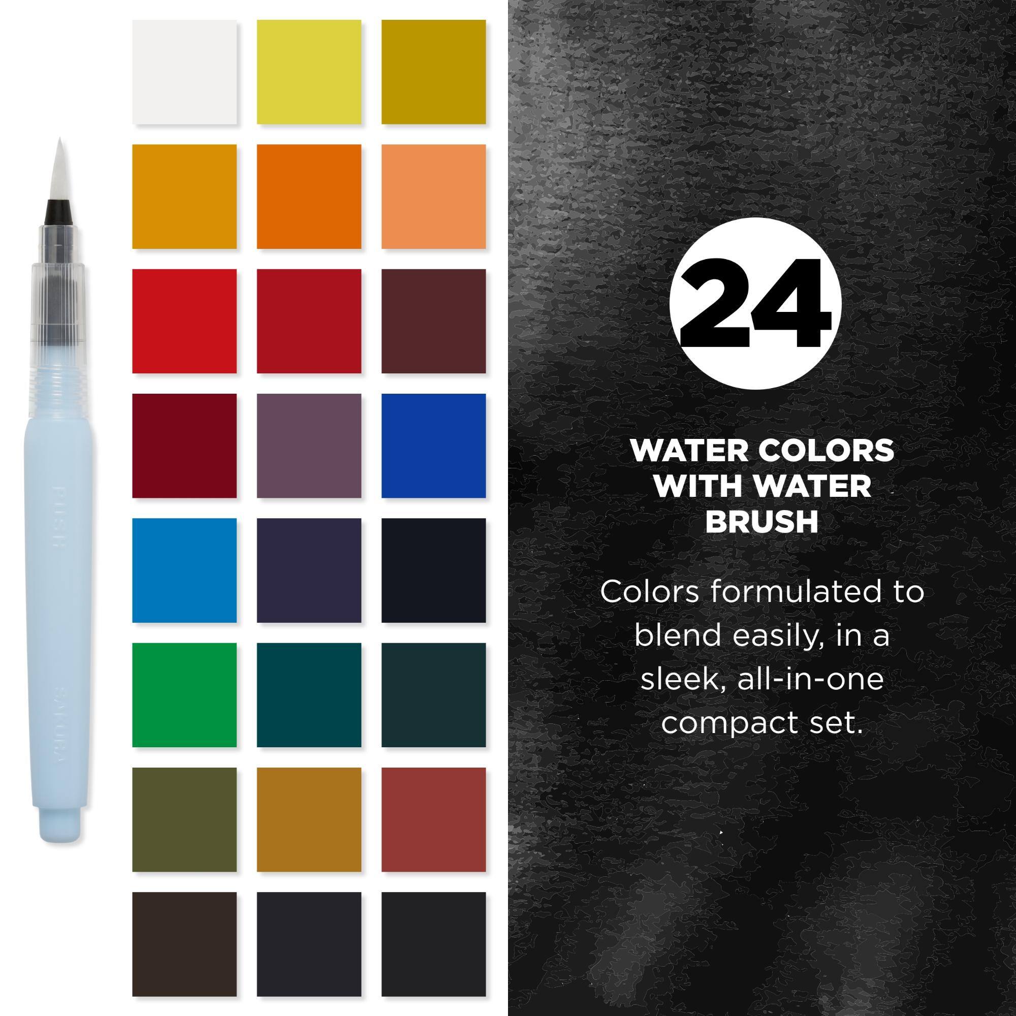 24  
WATER COLORS WITH WATER BRUSH  
Colors formulated to blend easily, in a sleek, all-in-one compact set.